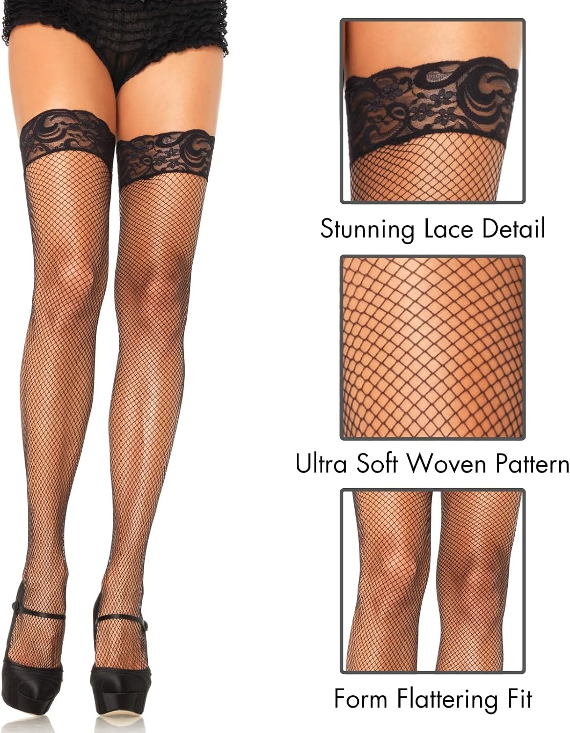 Leg Avenue Women's Spandex Fishnet Thigh Highs with Silicone Stay-Up Lace Top