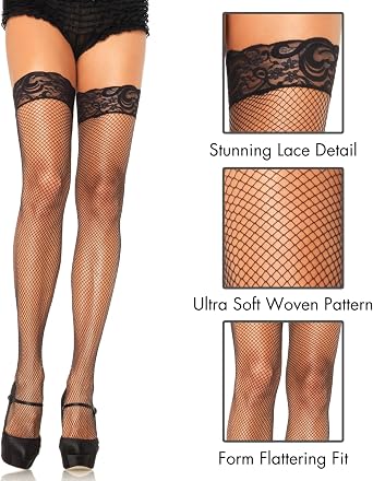 Leg Avenue Women's Spandex Fishnet Thigh Highs with Silicone Stay-Up Lace Top