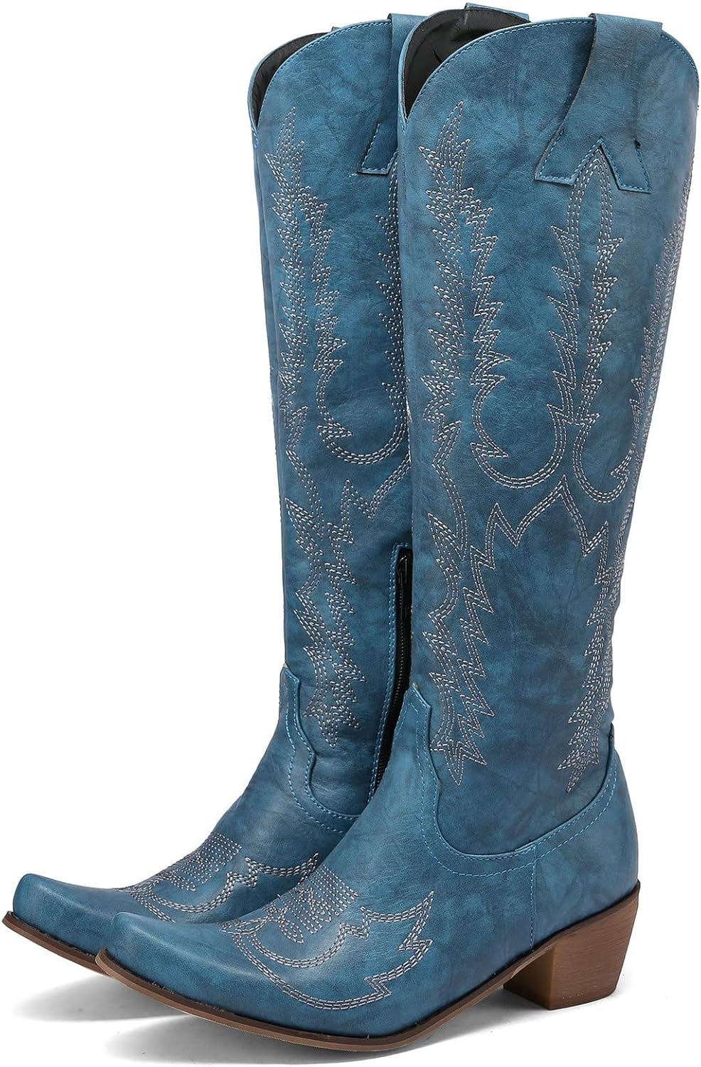 KiutSymo Womens Knee High Wid Calf Cowgirl Boots Classic Embroidered Stitching Western Cowboy Boots With Tabs