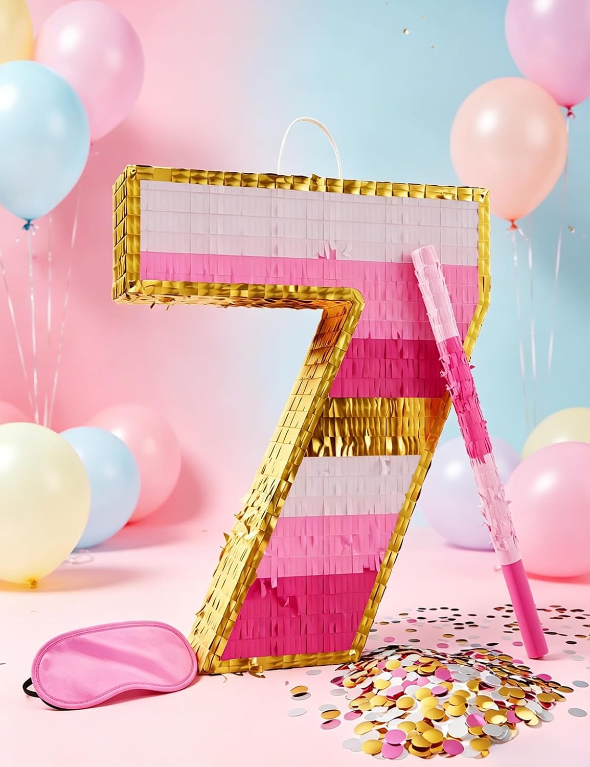 Number 7 Piñata with Stick, Blindfold & Confetti-Pink Piñata for Birthday Parties, Complete Party Game Set for Kids Girls-Gradient Pink Birthday Decor with Fillable Design(Small, 16.5 x 11.5 x 3 In)