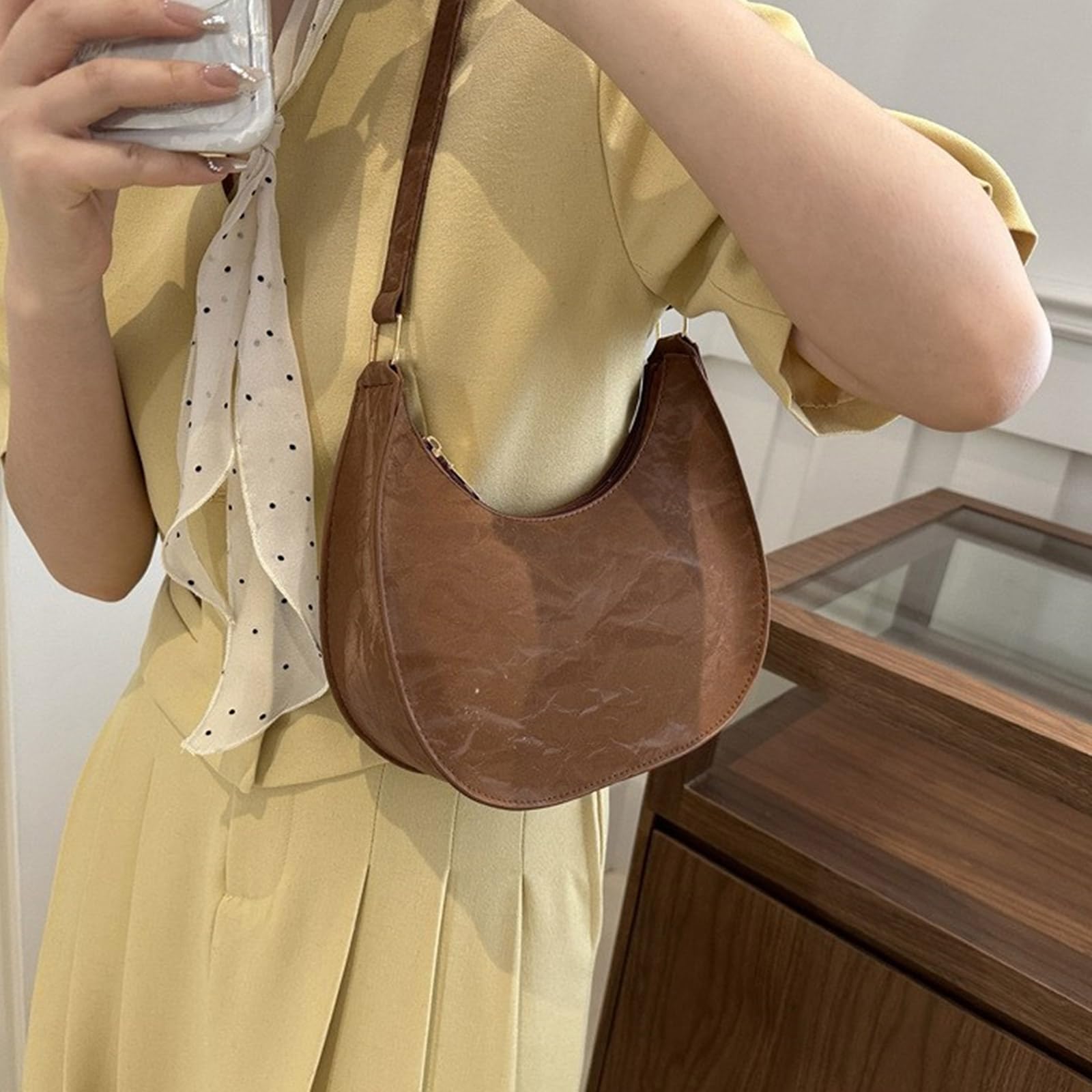 Women Vintage Crescent Half Moon Underarm Bag PU Leather