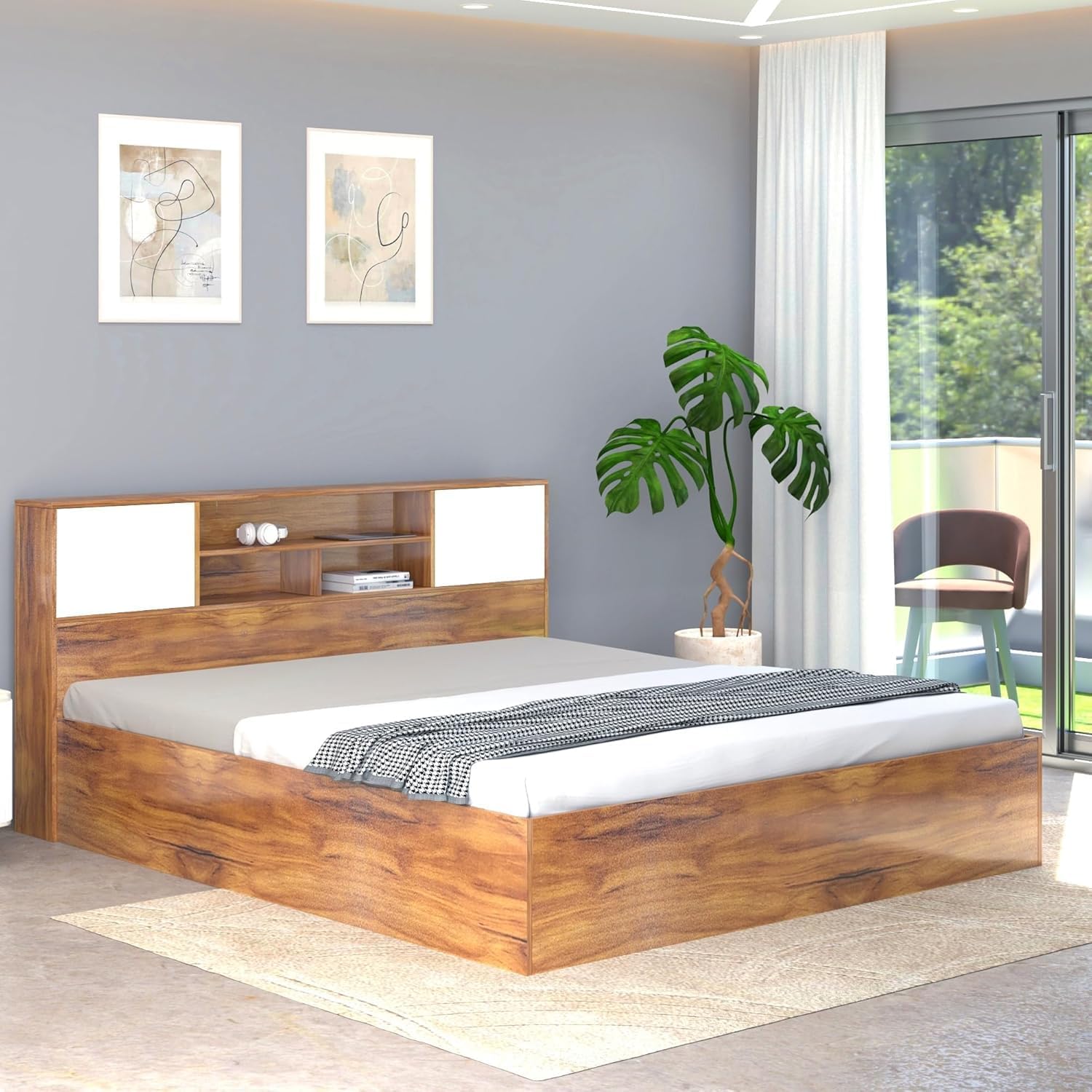 Callas Estoria Engineered Wood King Size Bed with Storage | Free Installation with 1 Year Warranty (Walnut, King with Storage)