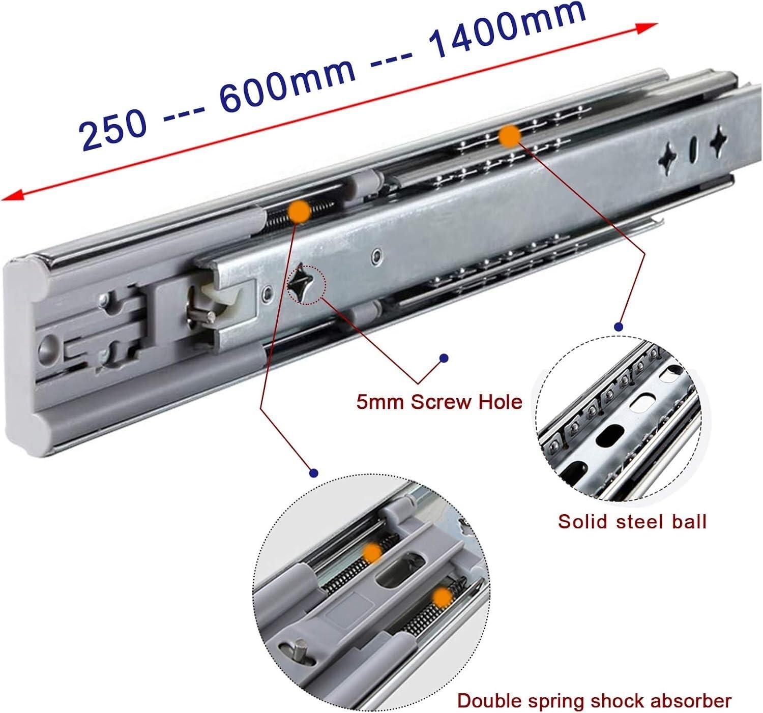 prowadnice szuflad 550 mm wytrzymałe prowadnice szuflad z cichym domykiem, prowadnice do szuflad z łożyskami kulkowymi, pełne wysuwanie do szuflad w szafkach metalowych Szyny do szuflad
