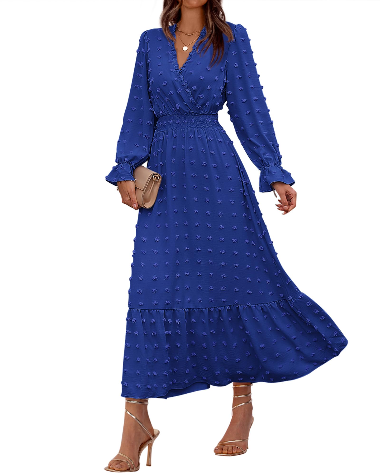 BTFBMWomen Spring Dresses 2025 Long Sleeve V Neck Swiss Dots Maxi Dress Boho Long Dress High Waisted A-Line Ruffle Dress