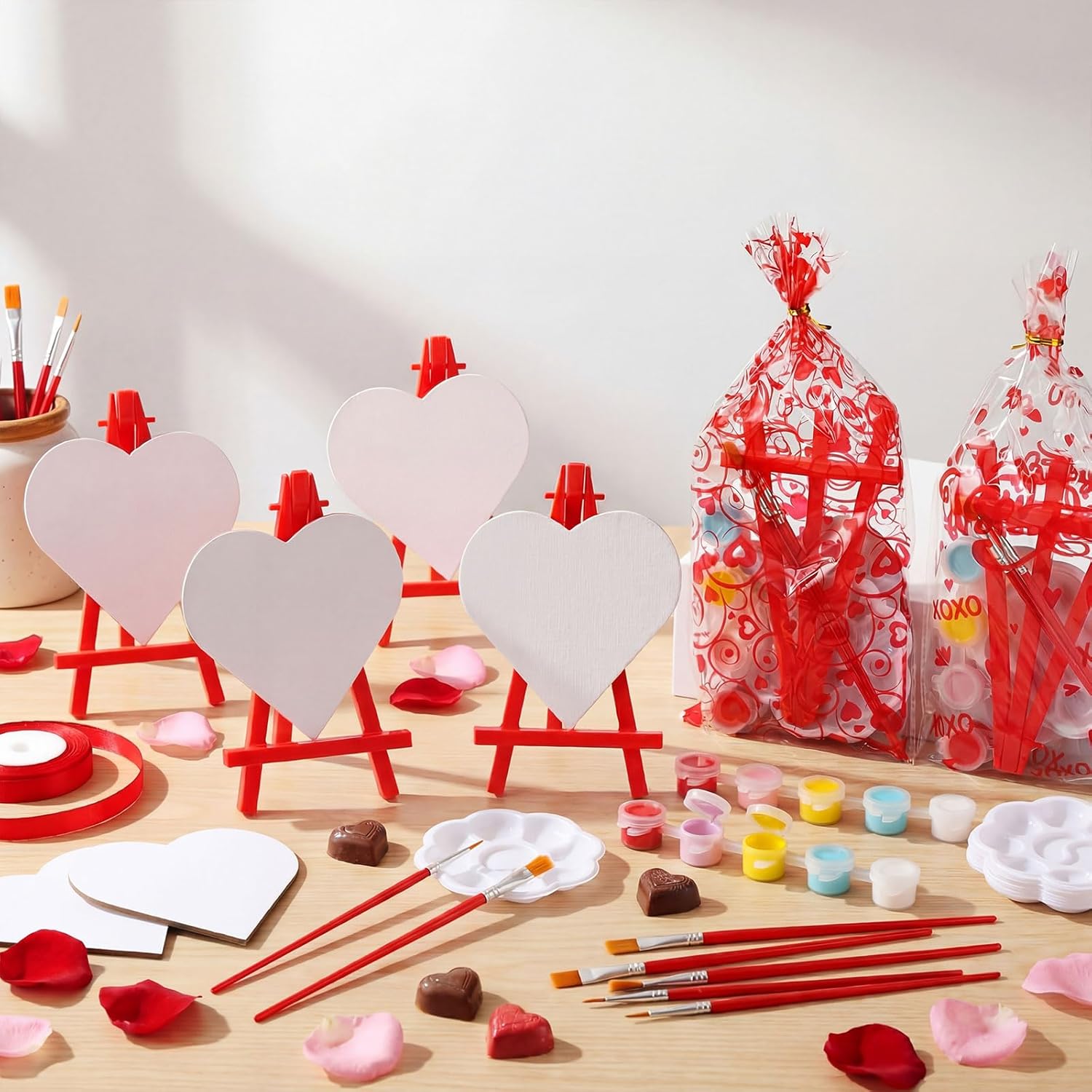 FunooFuno 48 Sets DIY Acrylic Paint Kit Mini Stretched Heart Shaped Canvas with Easel, Paints Strips, Brushes, Palette Art Set Mothers Day Crafts Gift for Adults Birthday Party Favors Supplies