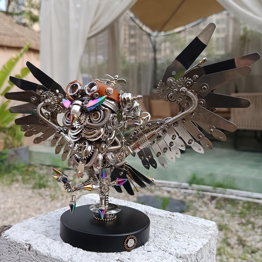 Kit de puzzle 3D en métal Steampunk Hibou – Plus de 700 pièces à faire soi-même avec lunettes et lumière | Sculpture d'animaux mécaniques en acier inoxydable pour adultes cadeau et affichage