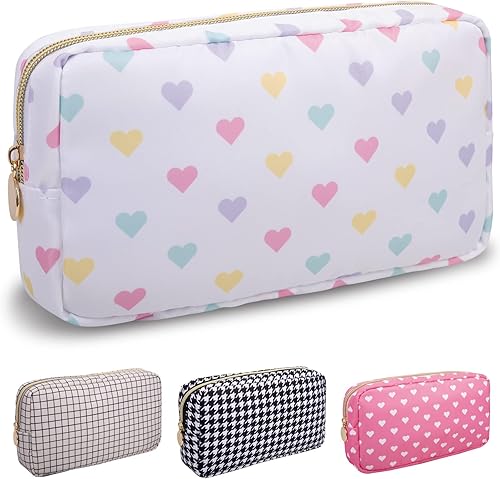 Miniatura 52 de izuzta Bolsa de maquillaje pequeña de nylon, linda bolsa preppy, bolsa con cremallera para cosméticos, Beige, Chico