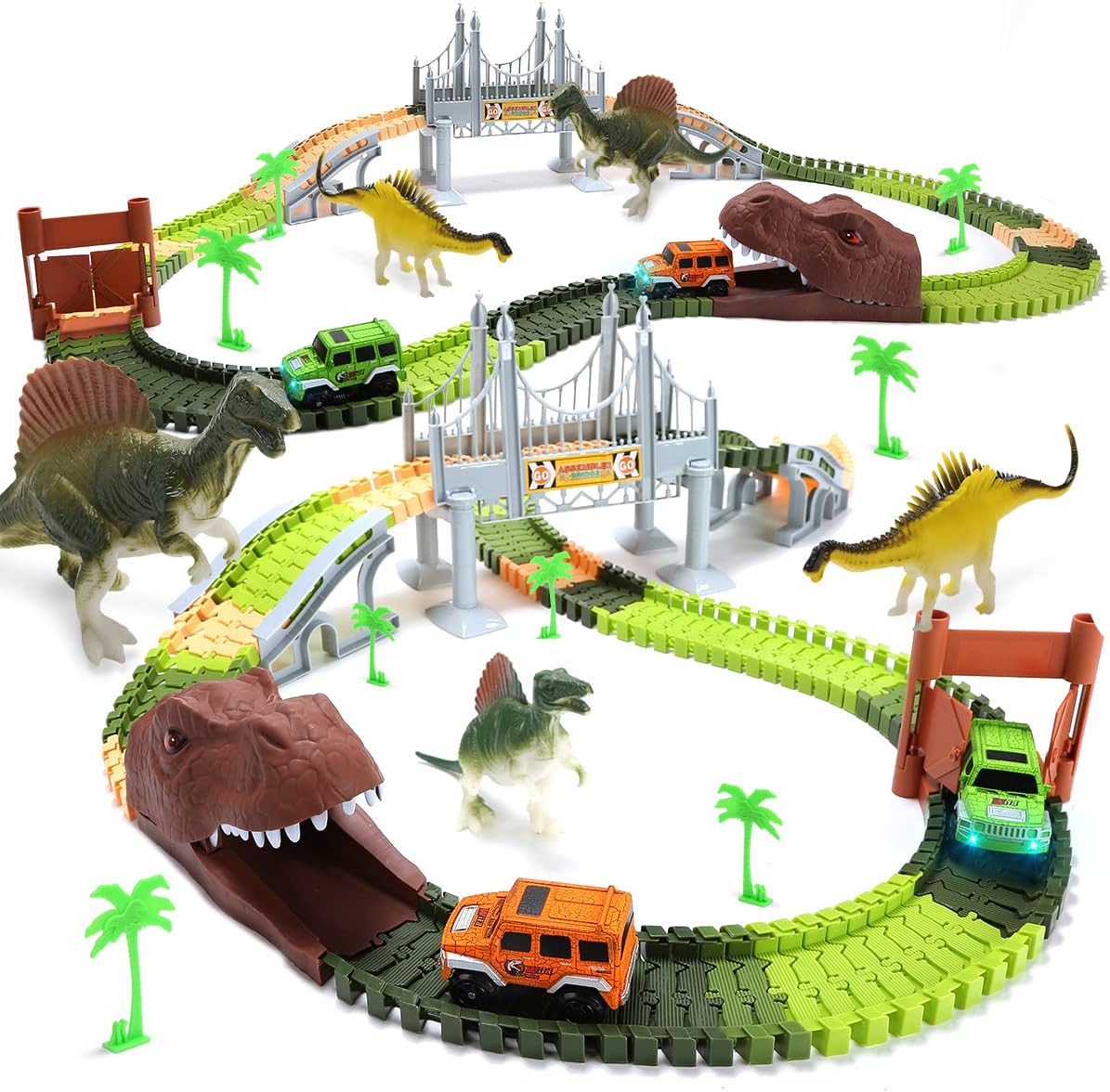 EagleStone 194 Pcs Dinosaur Race Car Tracks Set for Kids,Flexible Train Tracks to Create A Dino World Road with Bridge,2 Electric Cars with LED Light,Best Gift for Toddlers Boys and Girls