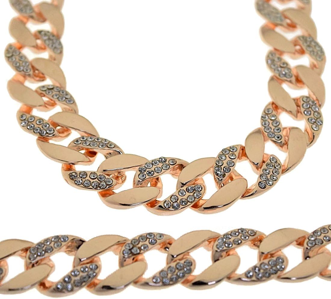 30" Iced Hip Hop Chain Rose Gold Finish 15 MM Wide Miami Cuban Link Men Bling Necklace