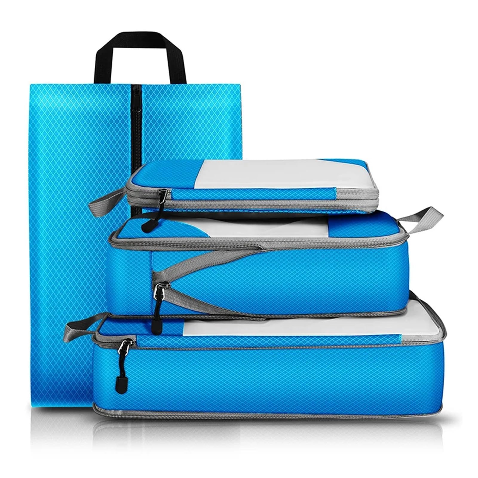 Set di 4 cubi da imballaggio a Compressione - Organizzatori da Viaggio Essenziali per valigie - Borse portaoggetti Impermeabili, espandibili e traslucide in Blu Cielo