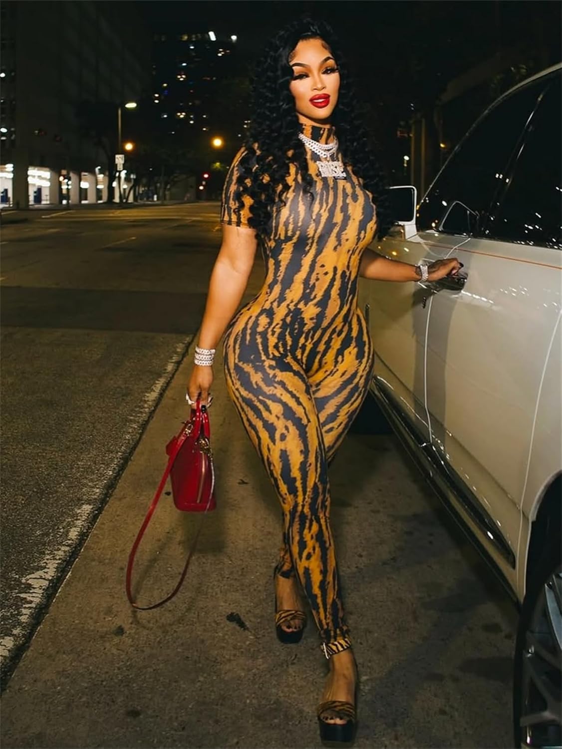 Molilove Women's Sexy Bodycon Jumpsuit Cheetah One Piece Set Backless Animal Print Jumpsuits Mock Neck Short Sleeve Clubwear - Image 3