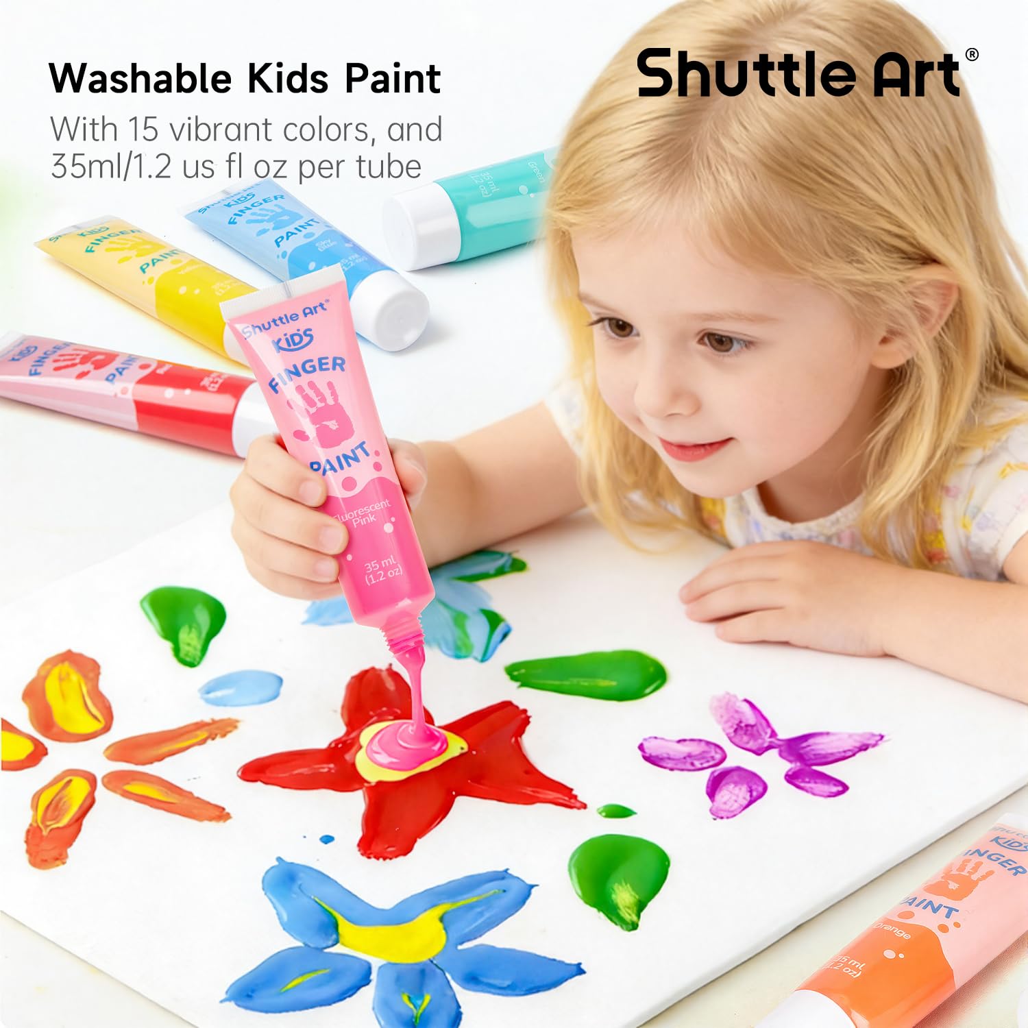 Shuttle Art 15 Colori a Dita per Bambini Atossici, Tempere Lavabili per Bambino 35ml, Tempere per Dipingere Colori Brillanti,Set Pittura Bambini per Arti e Mestieri
