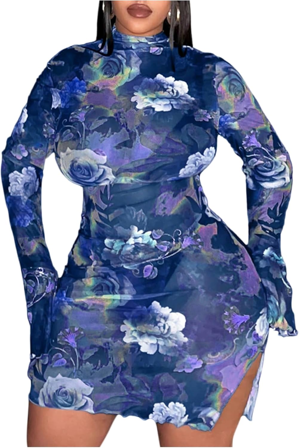 SOLY HUX Women's Plus Size Floral Print Mesh Split Hem Bodycon Dress Mock Neck Bell Long Sleeve Mini Dresses