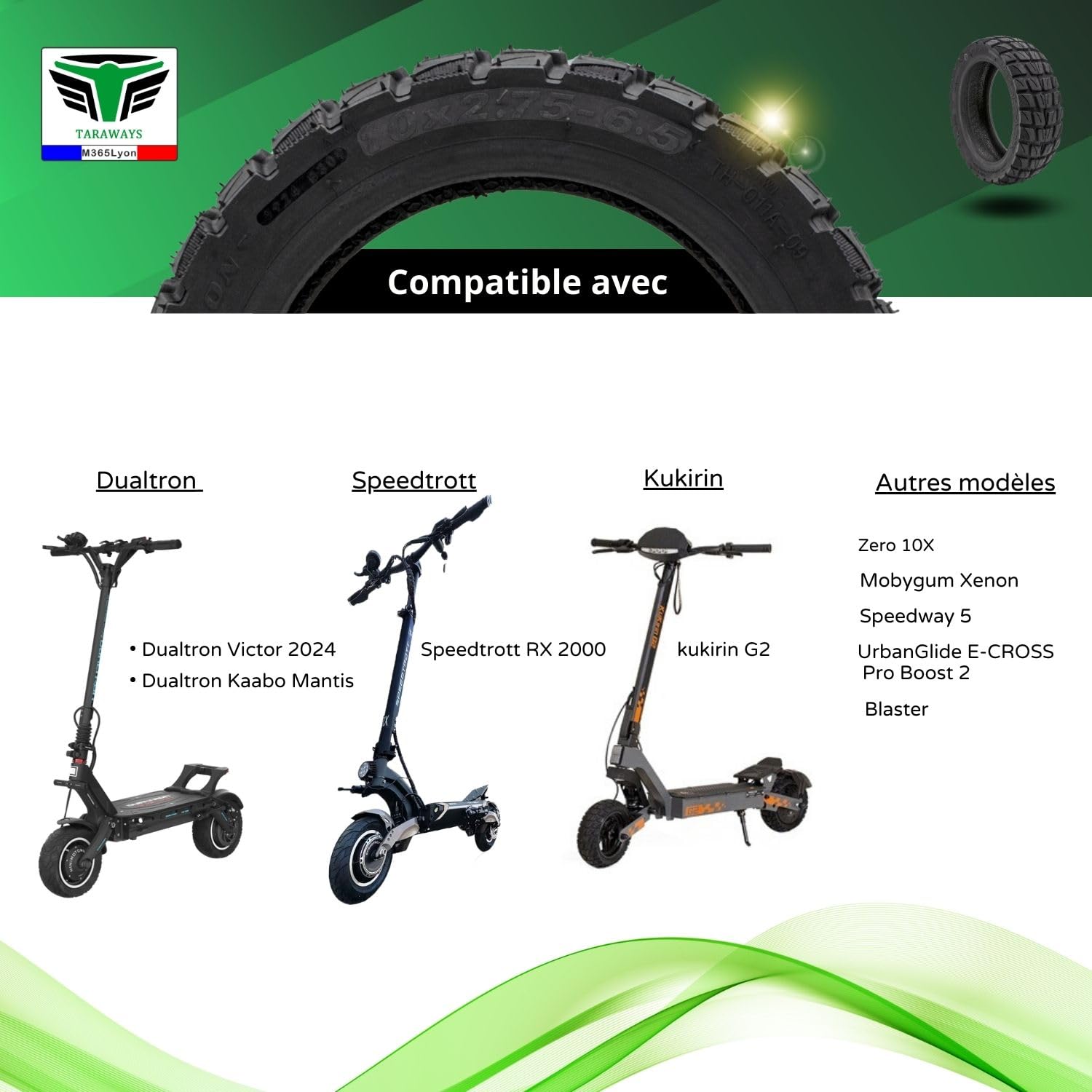 [M365Lyon] Pneu Tubeless 10x2.75-6.5 Pouces pour Trottinettes Electrique UrbanGlide E-CROSS 2x2 All Road 5, E-CROSSE MAX, Speedway 5 - Rockway - Crossover - Dualtron 3, kukirin G2 (1xTire)