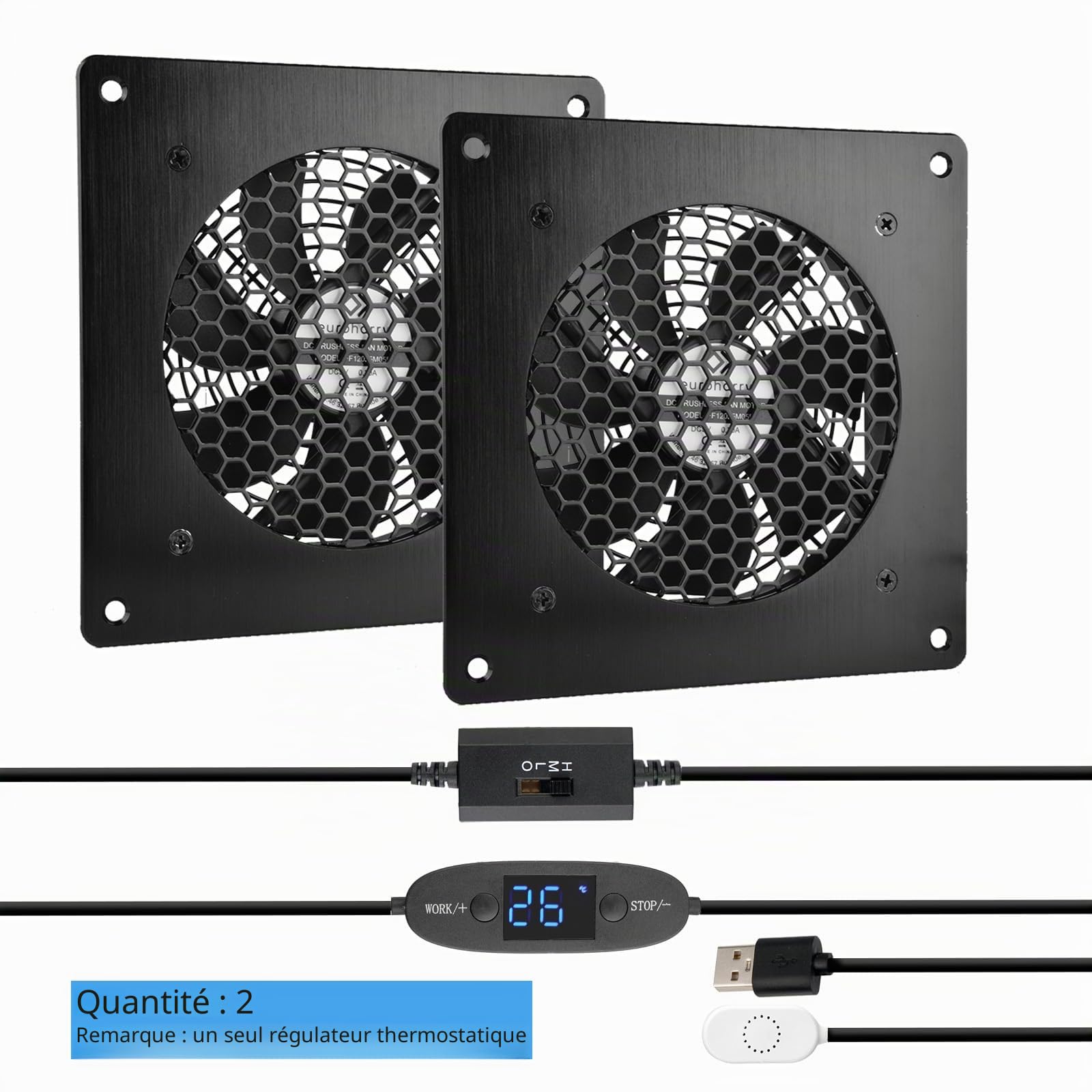Ventilateur USB 120 mm, système silencieux contrôlé par la température, ventilateur 5 V avec cadre moderne en aluminium brossé noir pour armoires AV home cinéma