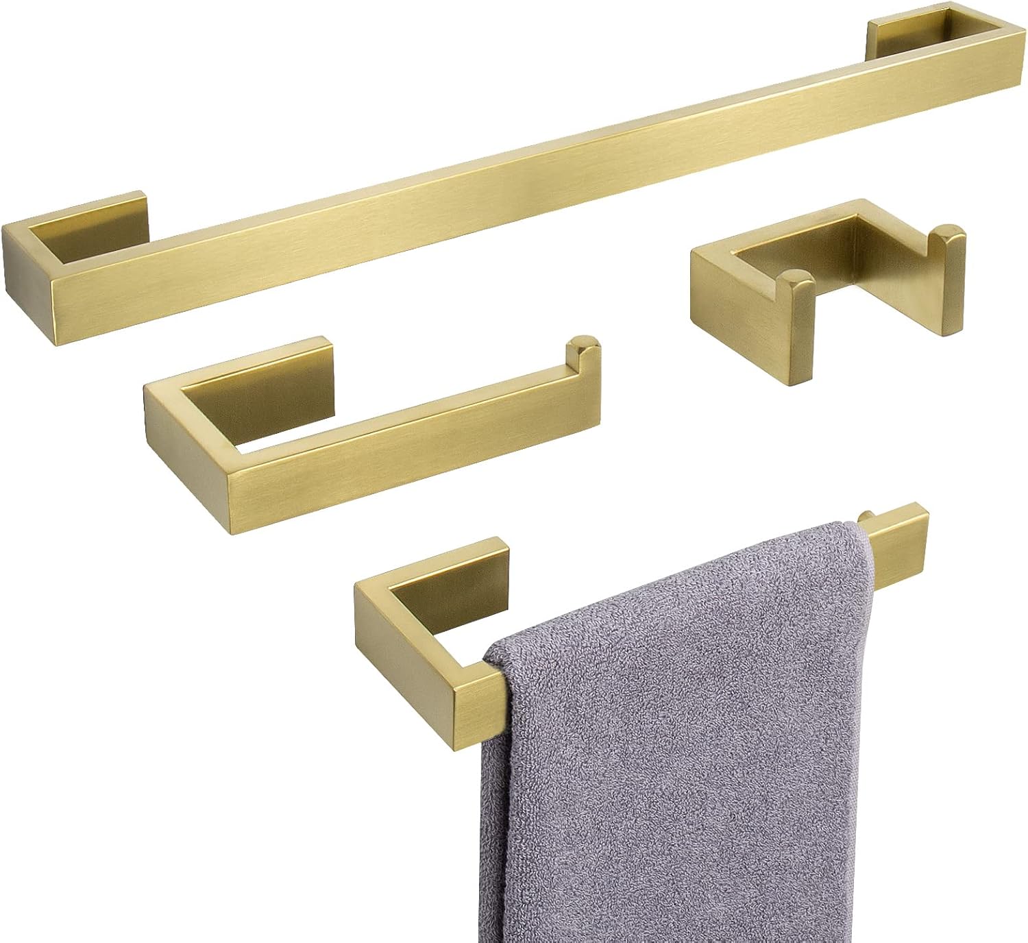 NearMoon 4 Pieces Bathroom Hardware Accessories Set 304 Stainless Steel- 24" Towel Rod+ Hand Towel Holder+ Toilet Paper Holder+ Robe Towel Hook Wall Mounted Modern Bath Towel Bar Kit (Brushed Gold)