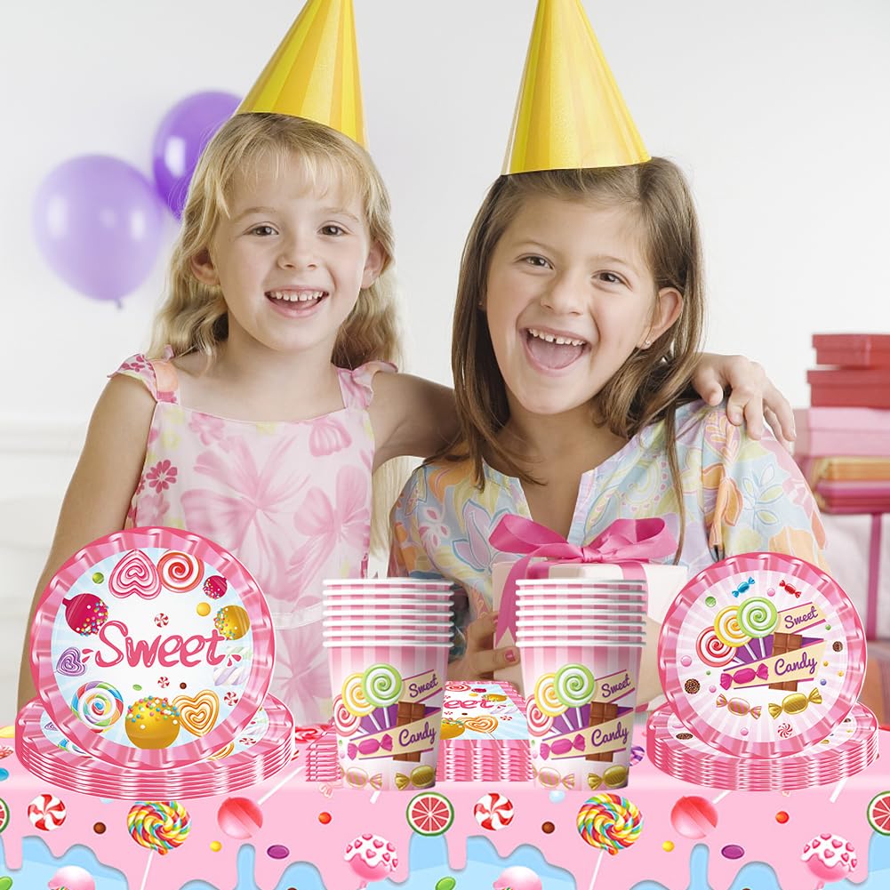 Set di Stoviglie per Feste 51 Pezzi Set di Posate per Piatti Caramelle Party Piatti Tovaglioli Tovaglia Decorazione per Feste di Compleanno per Bambini Compleanno Caramelle Decorazione a Tema