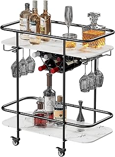 Benoss Black Home Bar Cart on Wheels, Mobile Serving Wine Cart with Glass Holder and Wine Rack, Modern Rolling Drink Troll...
