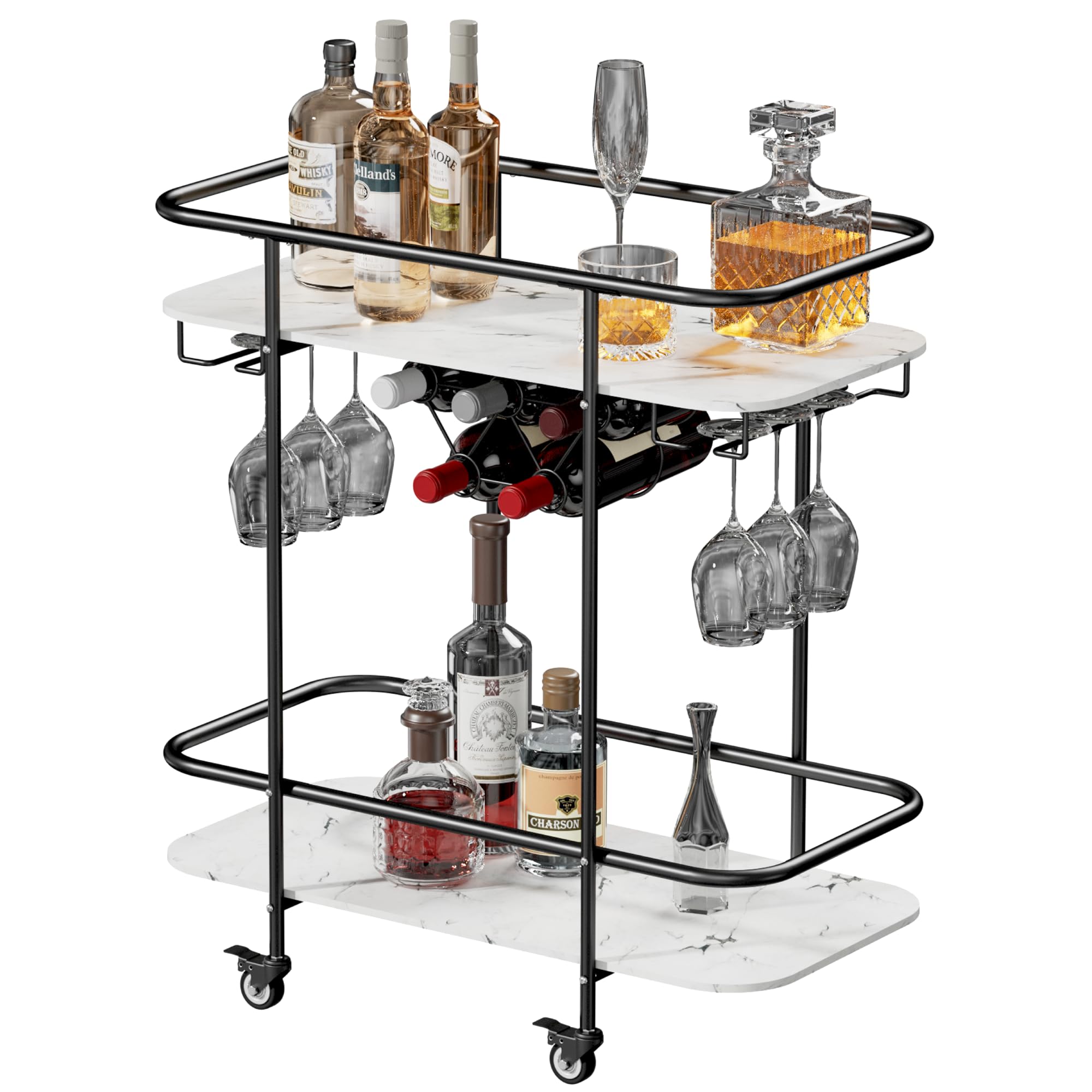 Benoss Black Home Bar Cart on Wheels, Mobile Serving Wine Cart with Glass Holder and Wine Rack, Modern Rolling Drink Trolley for Coffee Tea Wine, Beverage Bar Cart for Dinning Room Kitchen Party Black