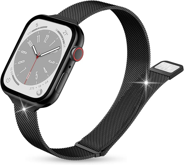 youmaofa Slim Metal Strap Compatible with Apple Watch Strap 38mm 40mm 41mm, Thin Stainless Steel Mesh Loop Band with Magnetic Clasp for Women Men, for iWatch Strap SE/Series 8 7 6 5 4 3 2 1, Black