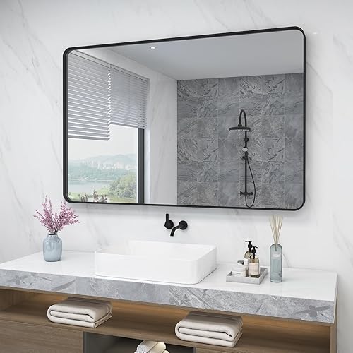 Miniatura 2 de Espejo de pared de baño negro mate de 40 x 30 pulgadas, espejo rectangular de esquina redondeada, espejo de tocador de metal, a prueba de roturas