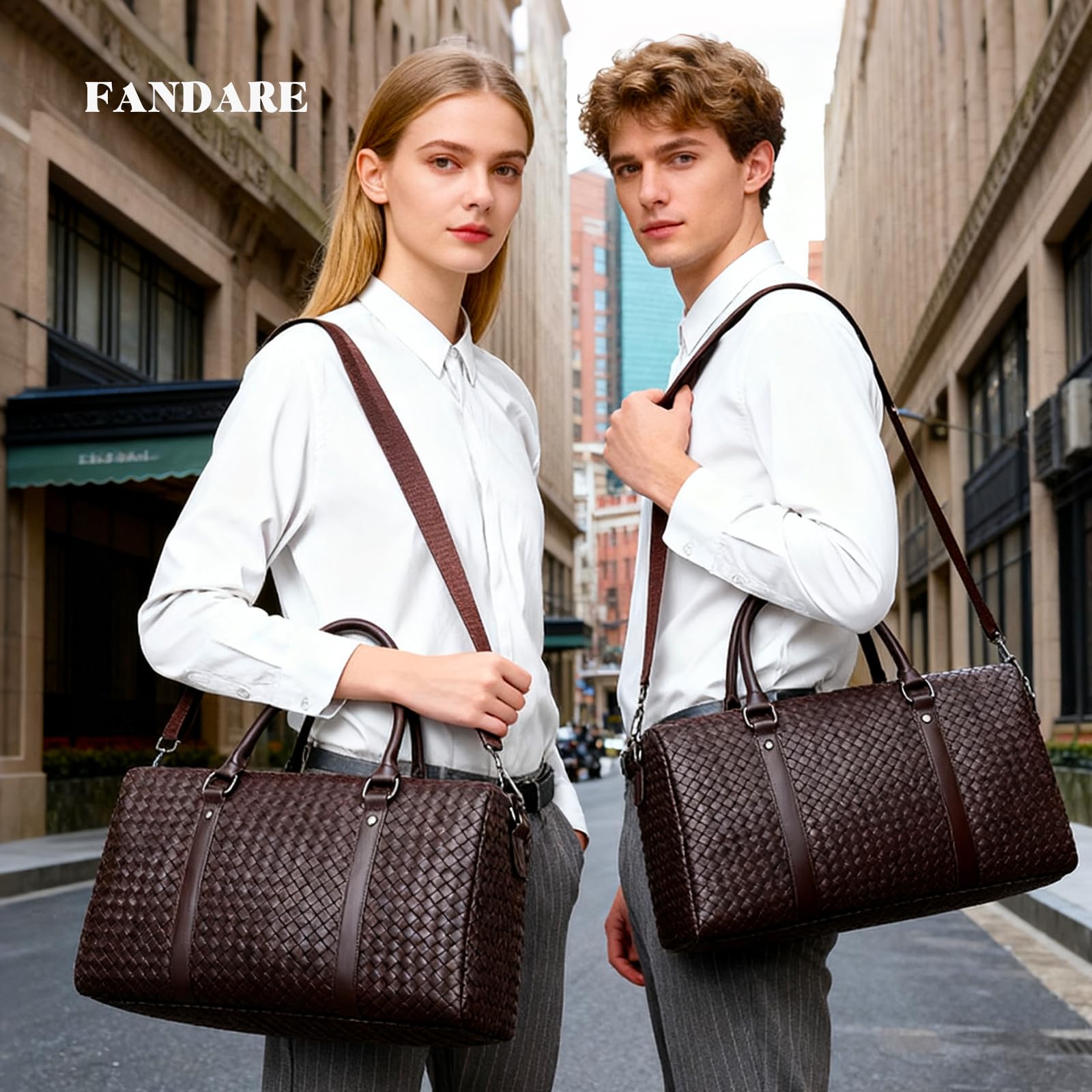 FANDARE Sac de Voyage pour Femme Homme Sac de Bagage à Main PU Cuir Tissé Sacs de Sport Grand Format Sacs bandoulière Weekend d'Hôpital Sport de Gym avec Compartiment Humide/Sec PU Cuir Marron