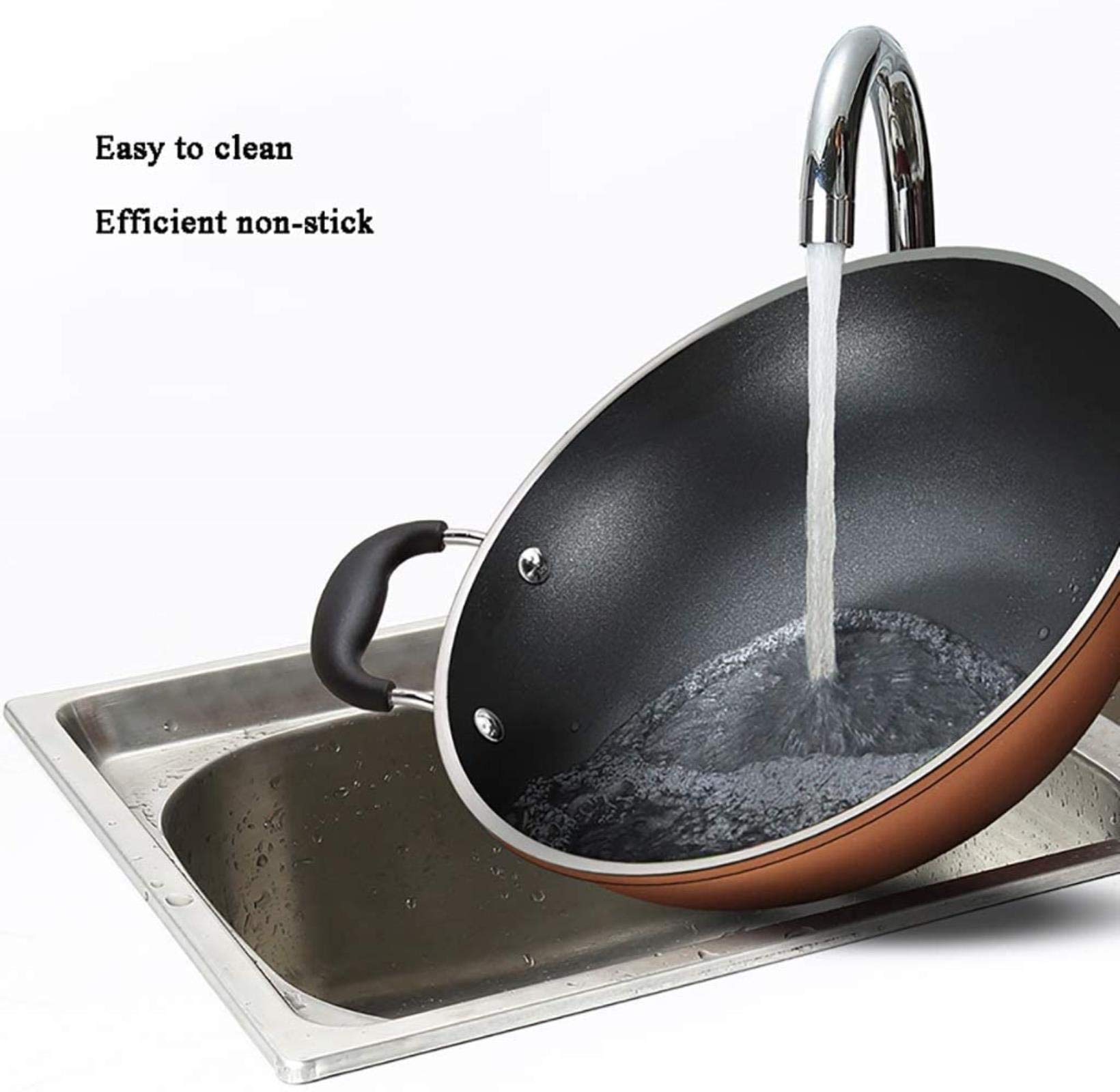 HMTE Wok Für Induktion, Schmiedeeiserner Wok, Antihaftpfanne, Induktionsherd, Kombiabdeckung/Gedämpfte Tablette, Erdgas, Gasherde Anwendbar, 34 cm (32 cm)