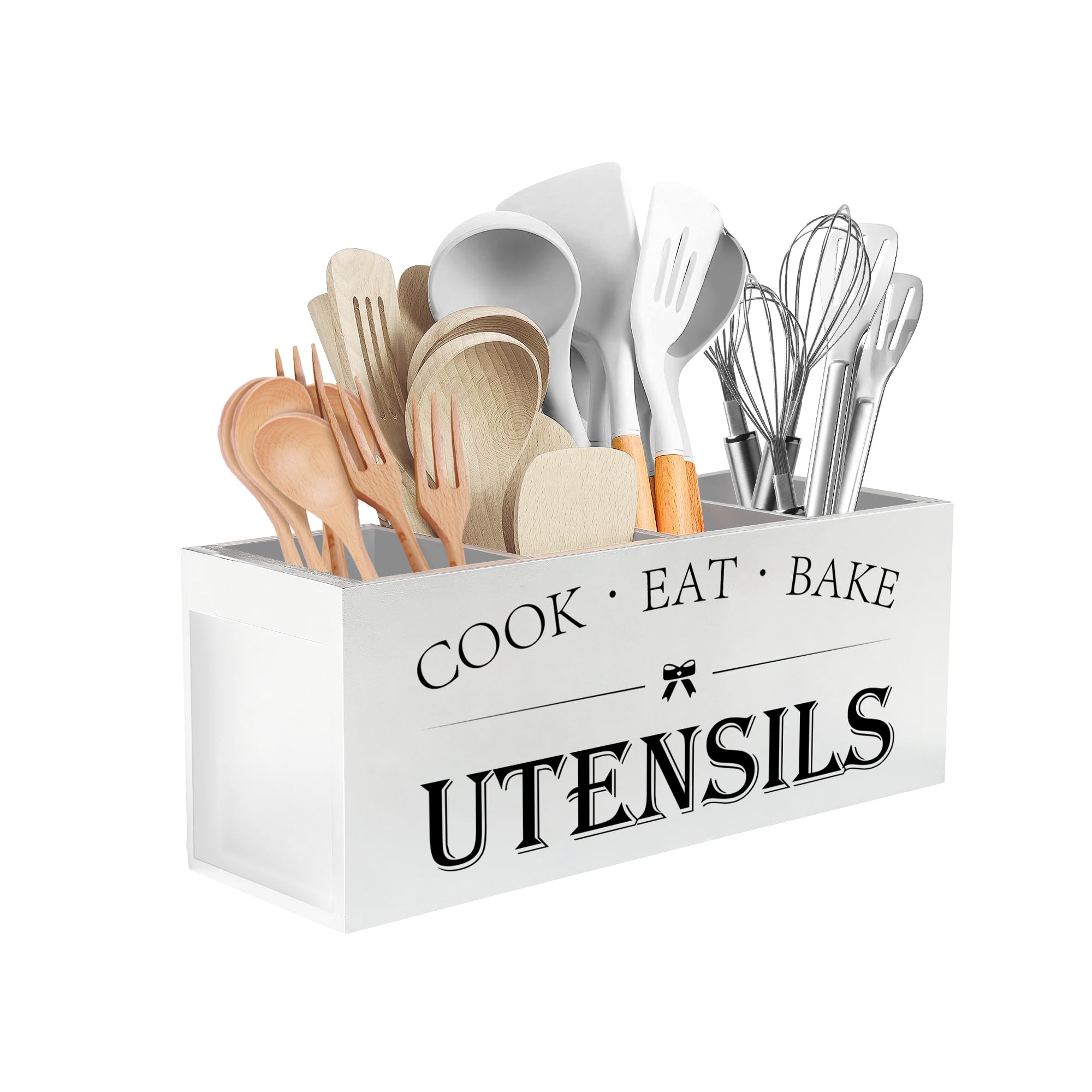 Extra Large Kitchen Utensils Holder with 4 Compartments, Wooden Utensil Organizer for Kitchen Countertop, Farmhouse Kitchen Decor, Rustic Cooking Utensil - White