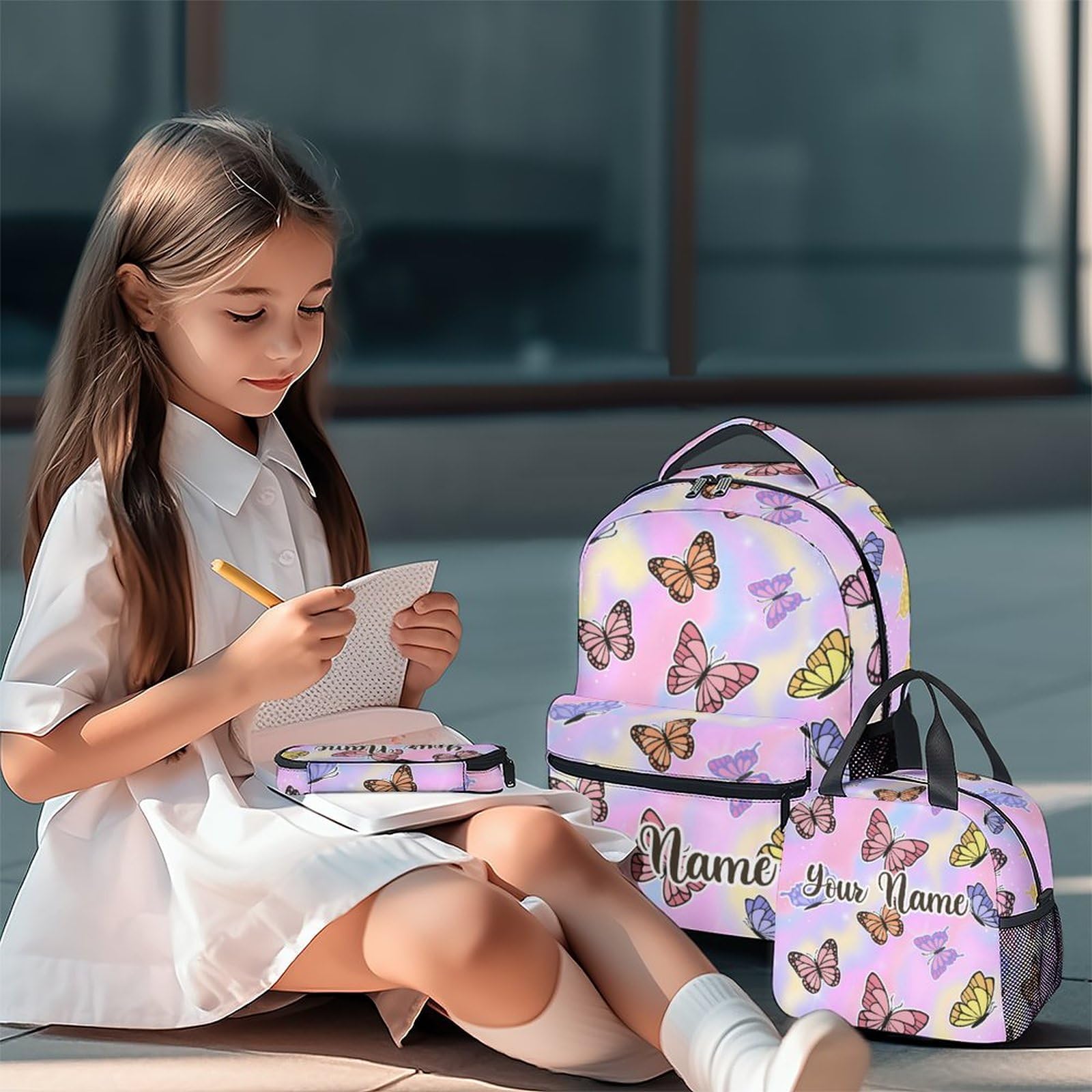 Mochila para niños para la escuela, mochila negra de 16 pulgadas para niñas, niños, bonita bolsa de libros de mariposa para primaria