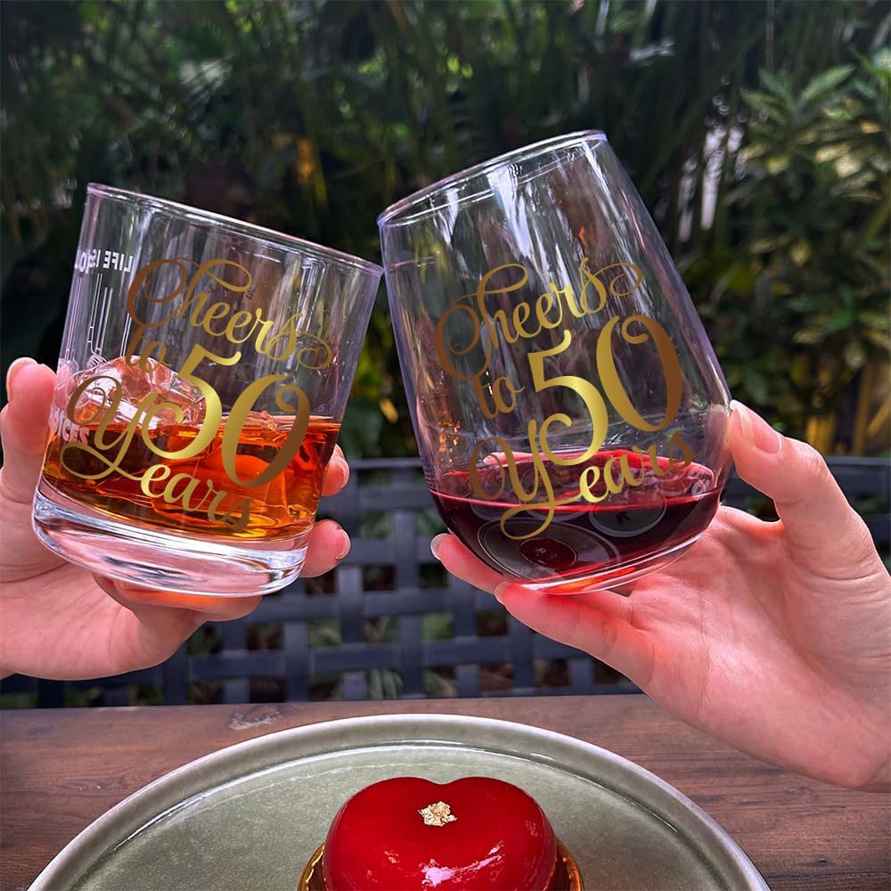 Cheers to 50 Years Wine & Whiskey Glass Gift Set, Gold Foil Design 50th Birthday Anniversary Wedding Valentine's Day Stemless Wine Glass Gifts for Grandparents Couple Men Women Wife Husband Parents128 - Image 4