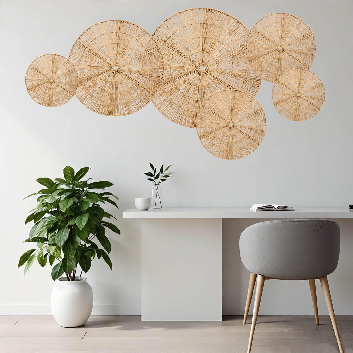 Laquedecraft Juego de cestas de mimbre bohemio para decoración de pared, gran tejido rústico, bohemio, para decoración del hogar, dormitorio, sala de estar, cocina, baño (clásico, natural, juego de 6)