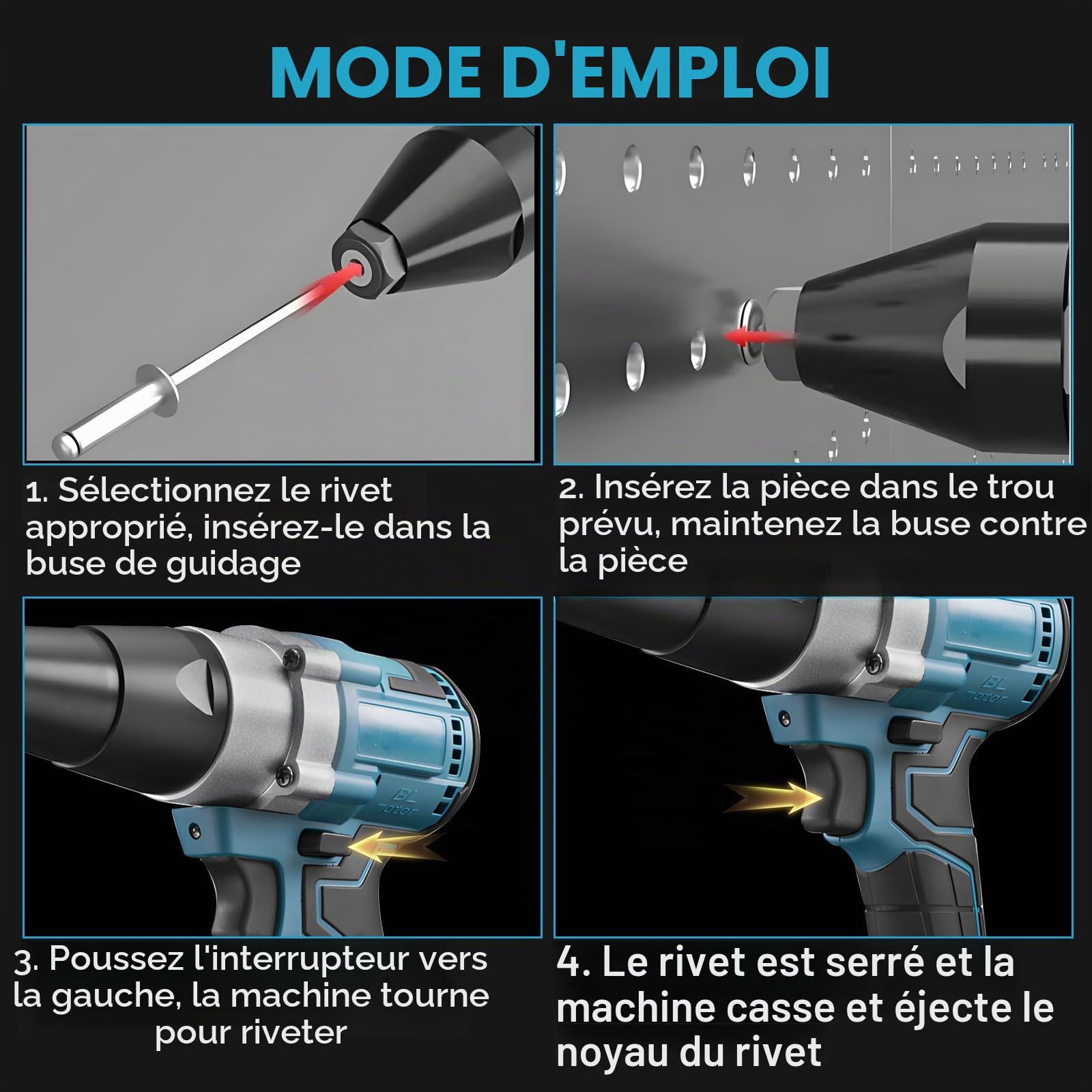 Riveteuse Sans Fil Compatible avec 18V, 20,000N Pince à Rivets Sans Balais avec lumière LED, Pince Automatique à Rivets Électrique pour Rivets de 3,2/4,0/4,8 mm (Sans Batterie)
