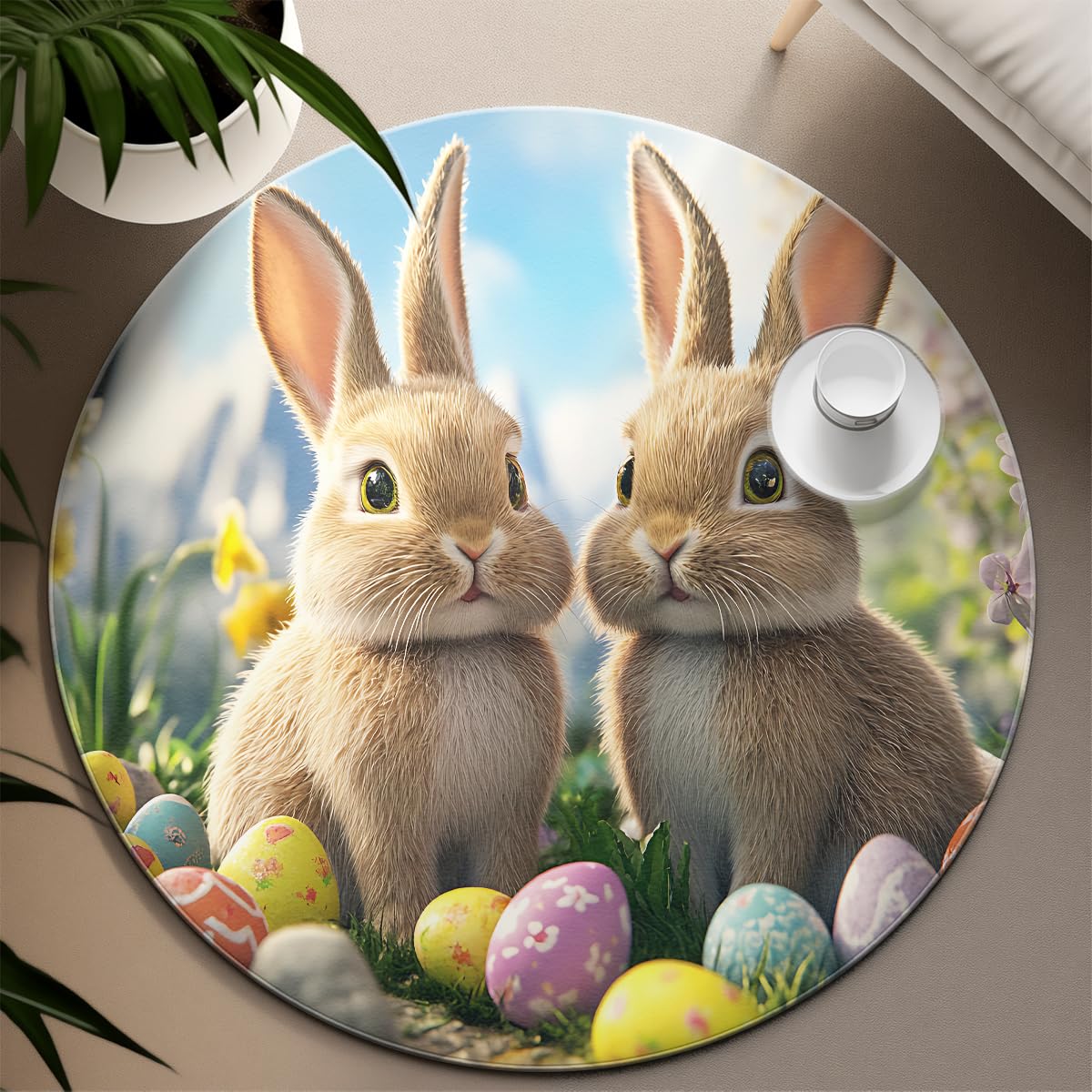 Alfombra temática Pascua 140cm Conejitos adorables y Huevos Festivos Estampado Sala bebé Fina Alfombras Redondas Antideslizantes Jardín Primavera Decoración del hogar