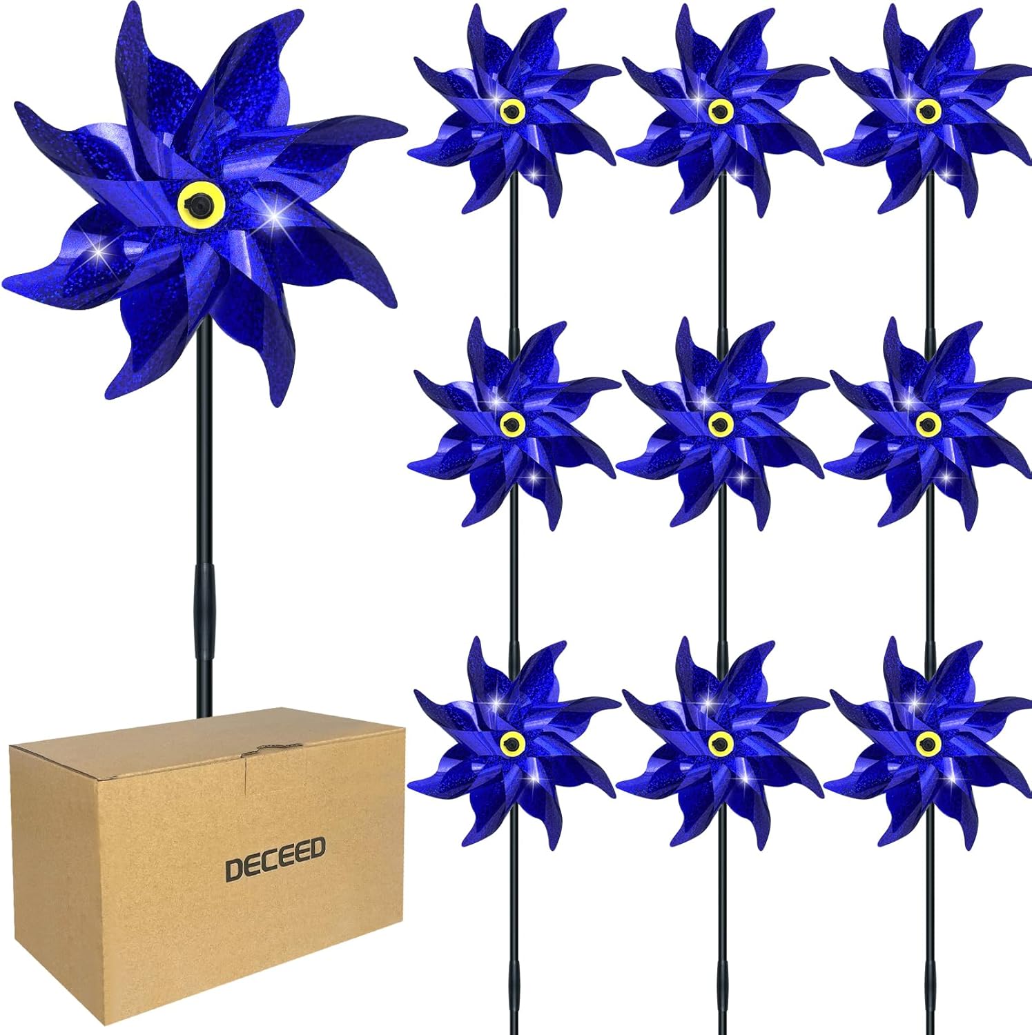 10 PCS Reflective Pinwheels for Yard and Garden Bird Devices Pre-Installed Sparkly Wind Spinner Deterrent to Scare Birds Away from Yard Patio Farm (Blue)