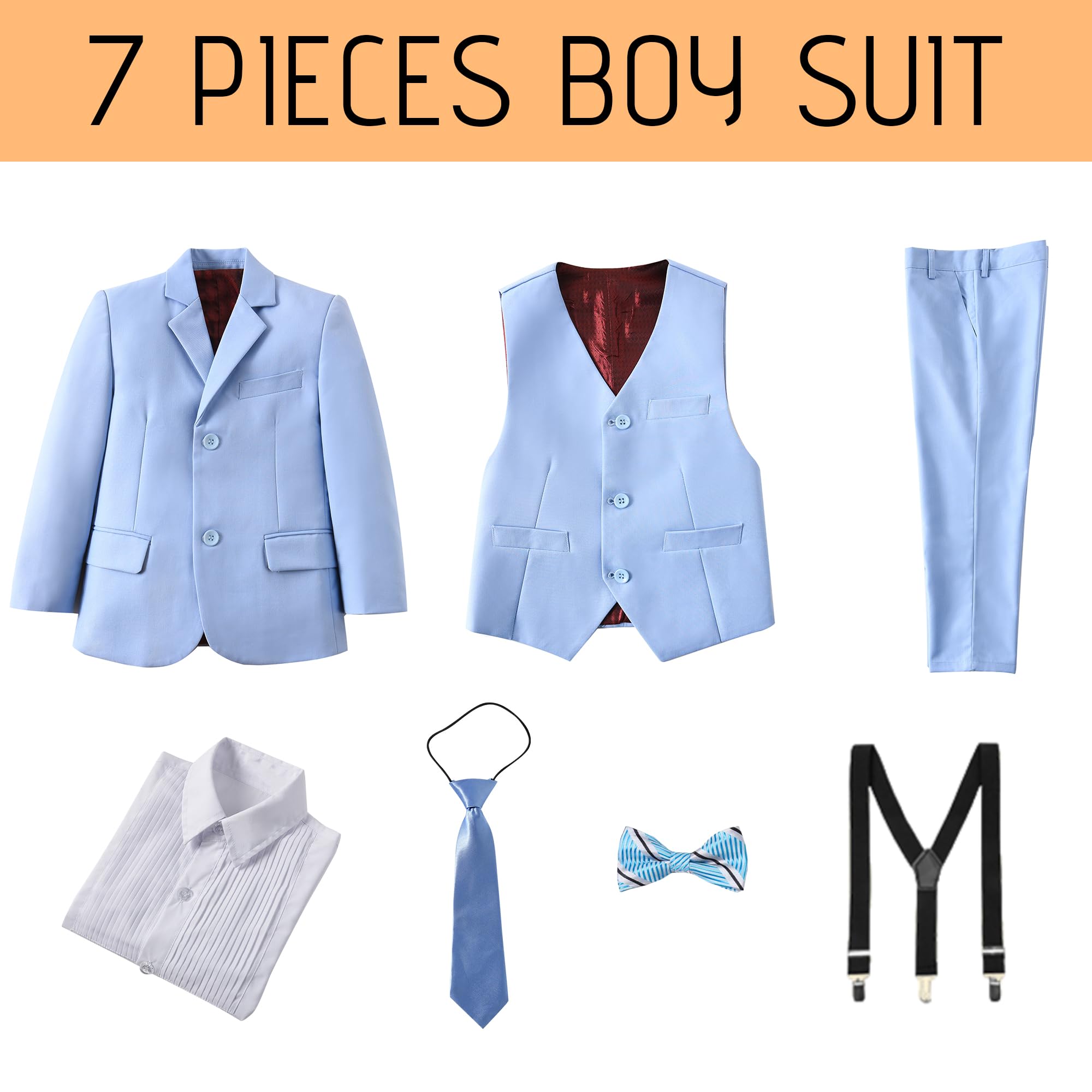Boy's Formal Suit 7 Piece Slim Fit Tuxedo for Kids Teen Boys Jacket Vest and Pants Set for Wedding with Bow Tie Suspenders | Set mit Jacke, Weste und Hose, Hemd, Fliege, Krawatte, Hosenträger