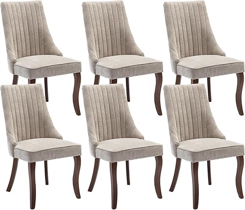 Juego de 6 sillas de comedor, sillas de comedor de cocina con canales de lino con patas curvadas de madera maciza, silla de comedor tapizada de tela