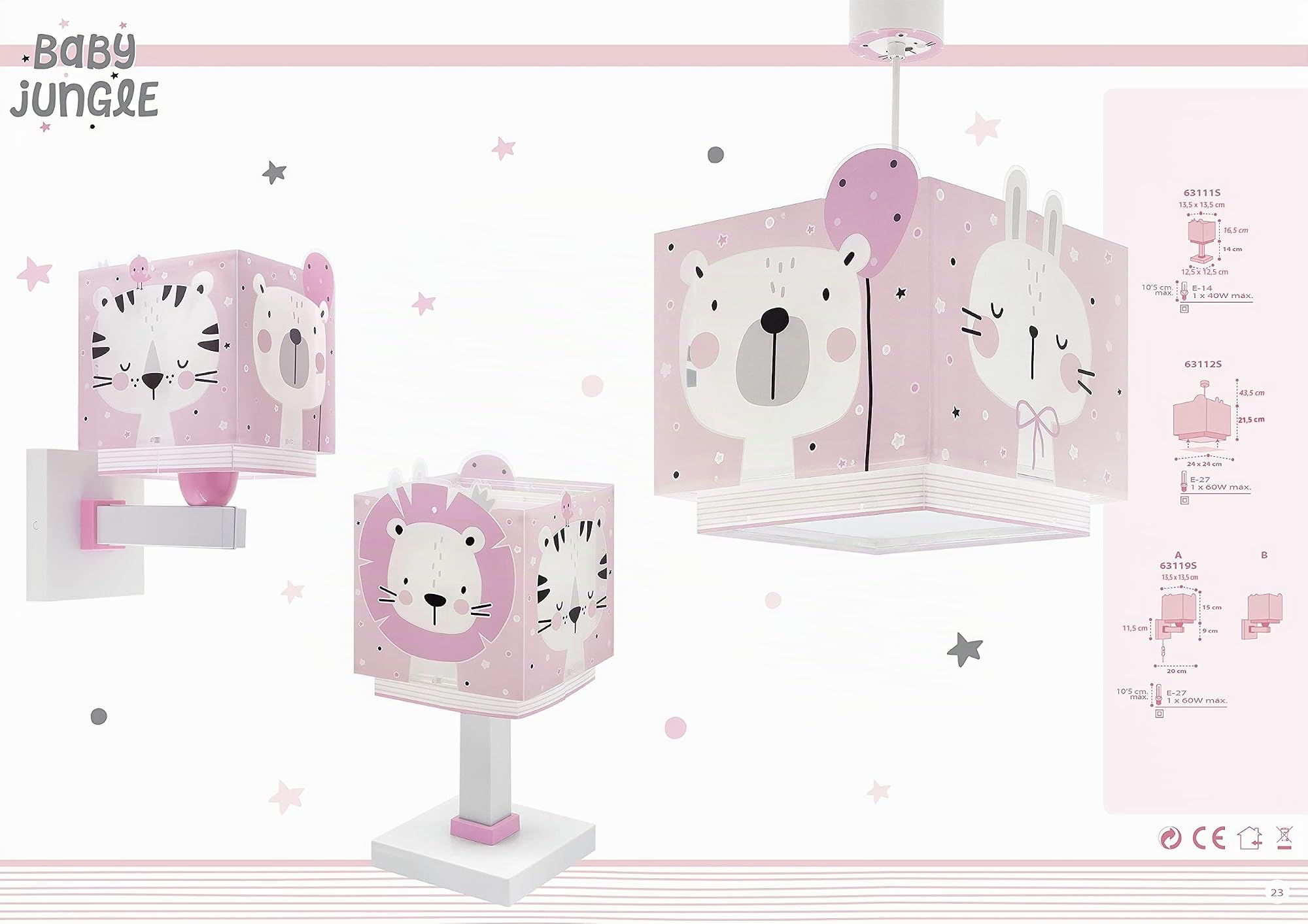 Dalber Plafoniera per bambini Baby Jungle Rosa Giungla Orso Leone Tigre Coniglio