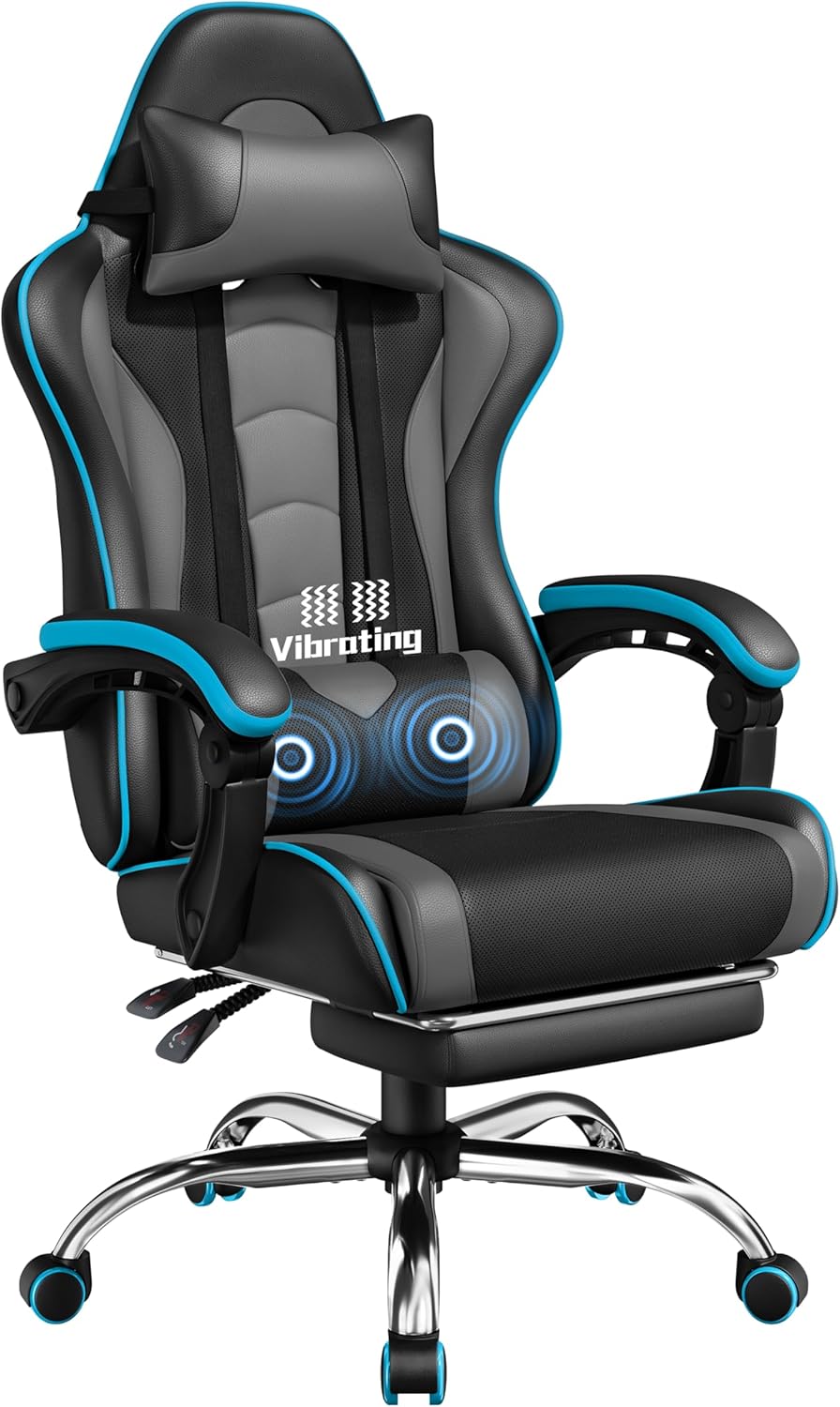 Yaheetech Sedia Gaming Ergonomica Massaggiante Reclinabile con Poggiapiedi Poggiatesta e Supporto Lombare Braccioli Imbottiti in Finta Pelle Poltrona Gamer da Scrivania con Ruote Girevole Grigio