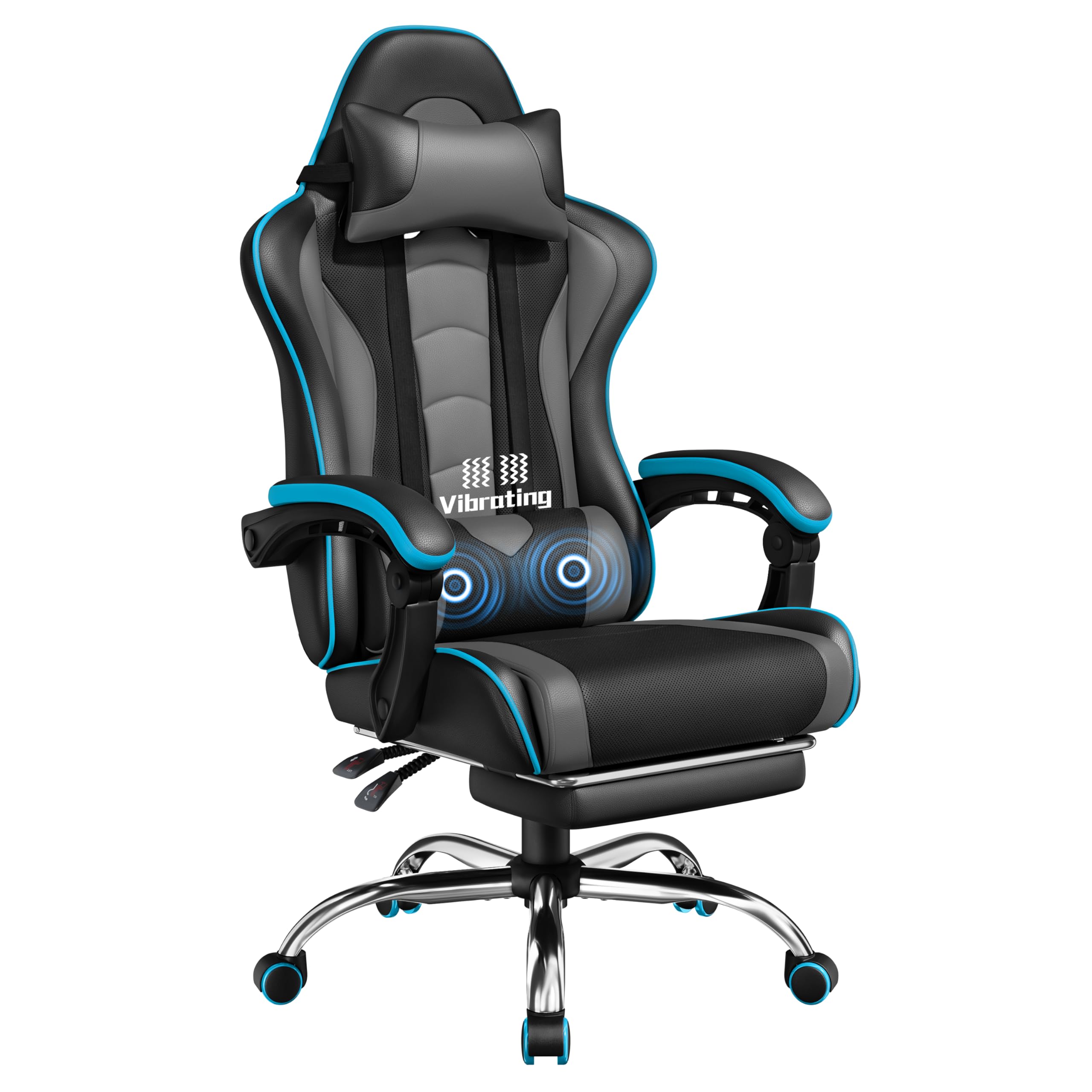 Yaheetech Sedia Gaming Ergonomica Massaggiante Schienale Reclinabile Grigio | Poltrona Gamer in Finta Pelle, con Ruote e Braccioli, Poggiapiedi, Poggiatesta, Supporto Lombare,Portata 150 kg