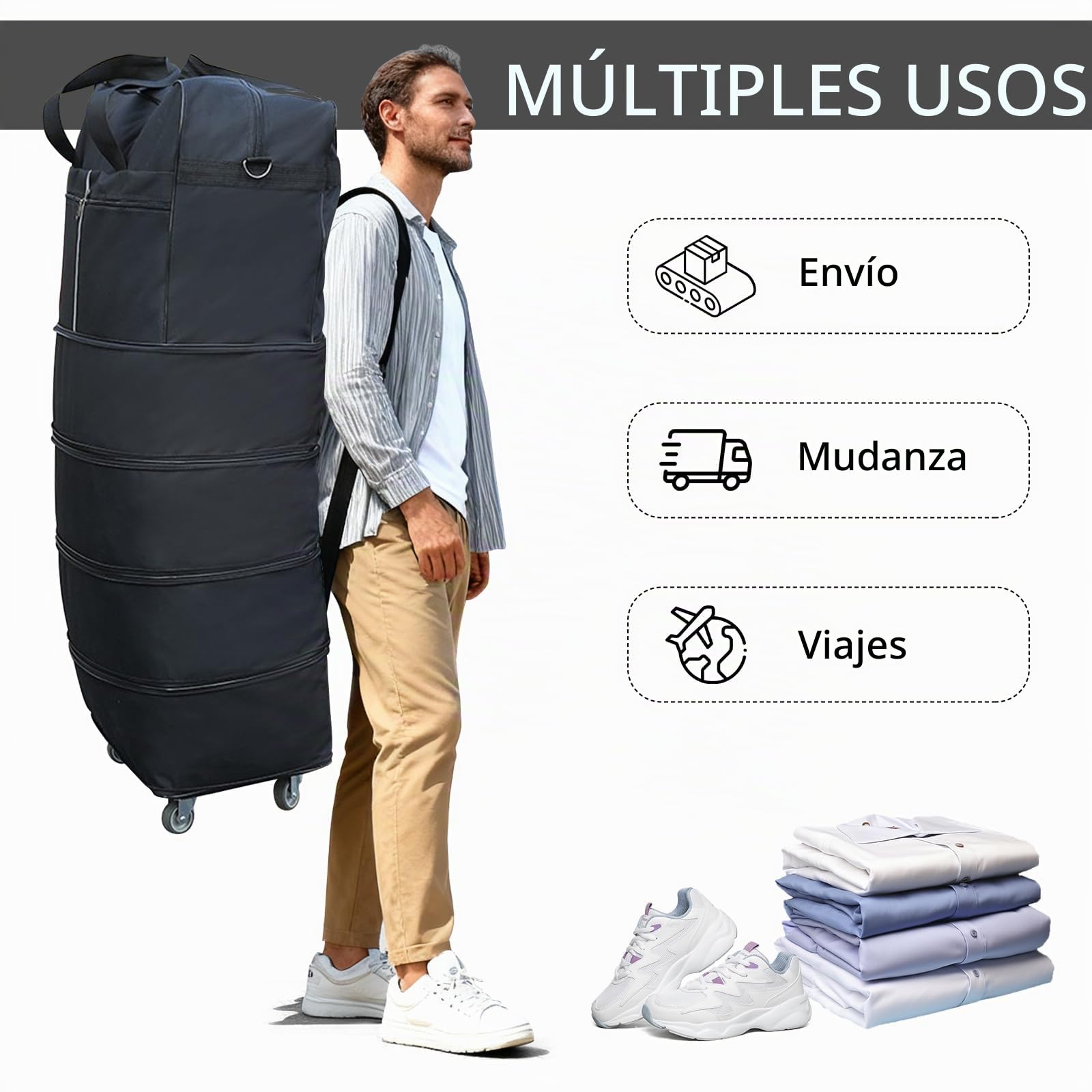 Bolsa de Viaje con Ruedas 185L Plegable Extragrande, 127 cm x 52 cm x 28 cm