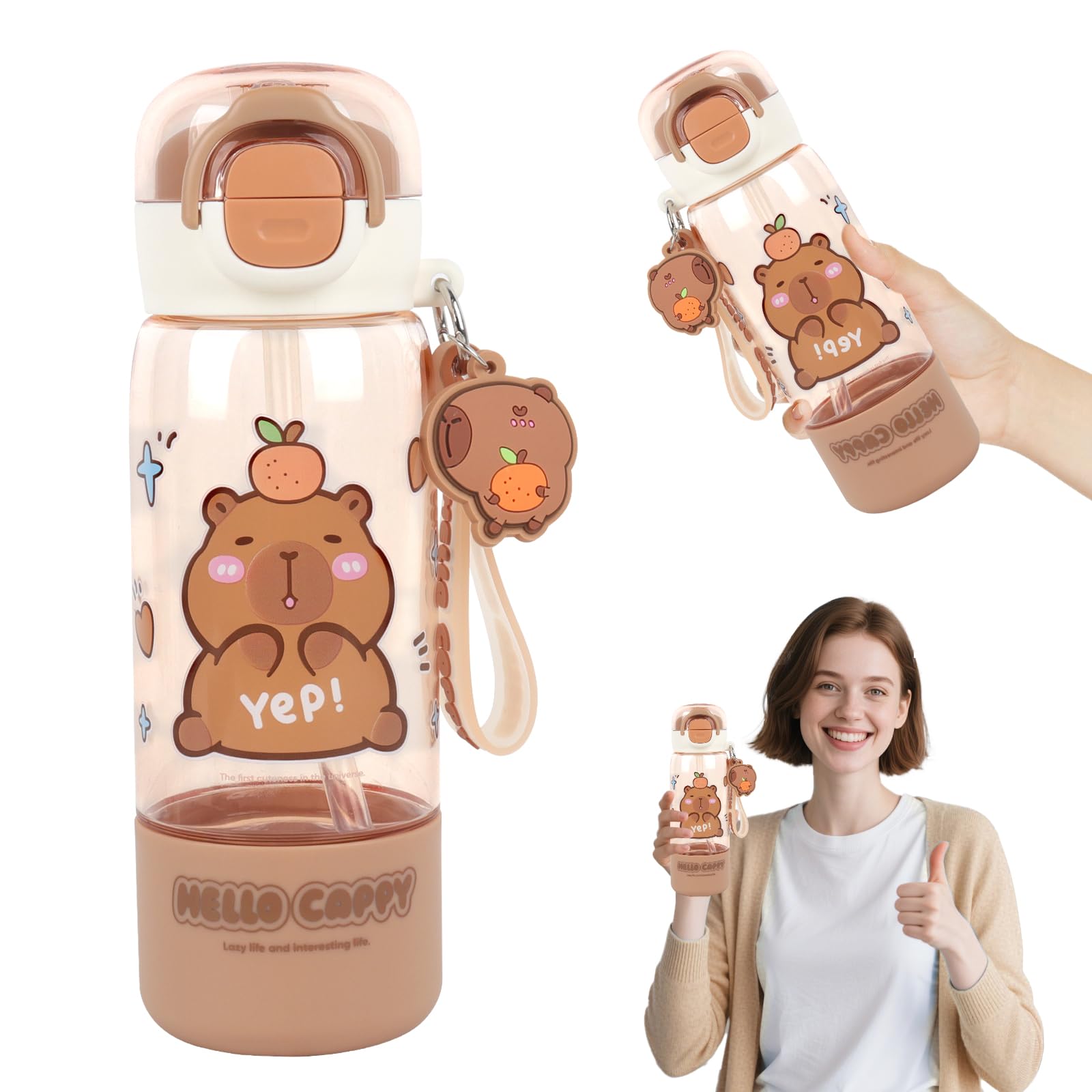 Hojalis Capybara Water Bottle, 510ml Capybara Drinking Bottle with Lid & Keychain, Cute Drink Bottle with Silicone Straw Drinking Cup & Spout Portable Heat Resistant for Office Outdoor Travel School