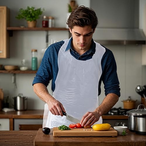 Miniatura 2 de Yzurbu 100 delantales desechables, 46 x 29 pulgadas, delantal de plástico de polietileno para cocina, fiesta, pintura, color blanco