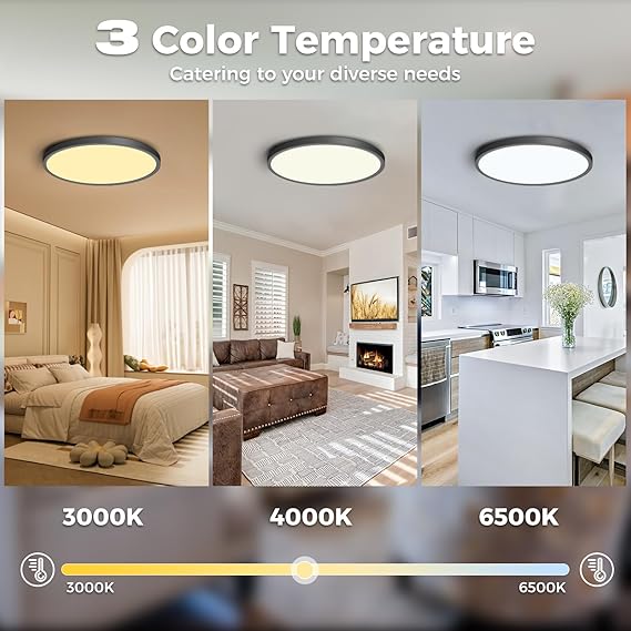 slochi slochi Led-plafondlamp, 24 W, 3000 K, 4000 K, 6500 K, zwart, 2800 lm, IP54, waterdicht, plafondlamp, badkamer, plafondlamp, rond, voor slaapkamer, woonkamer, hal, garage, keuken, balkon, Ø 30 cm photo 2