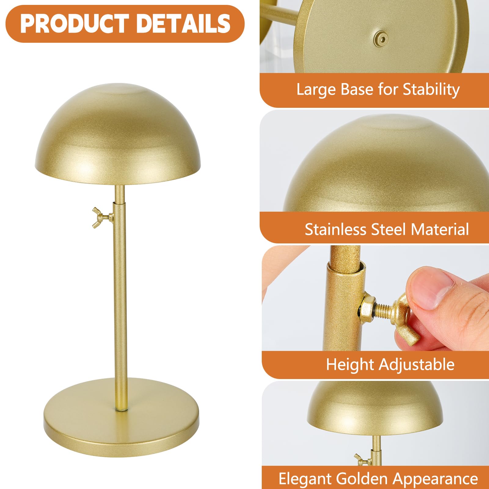Sibosen 2 Pcs Wig Stand 23-40cm Adjustable Height Wigs Head Holder Anti Rust Stable Stainless Steel Hat Display Stand Travel Storage Holder for Wigs and Hats Styling Drying Display(Gold,Round Base) - Image 3