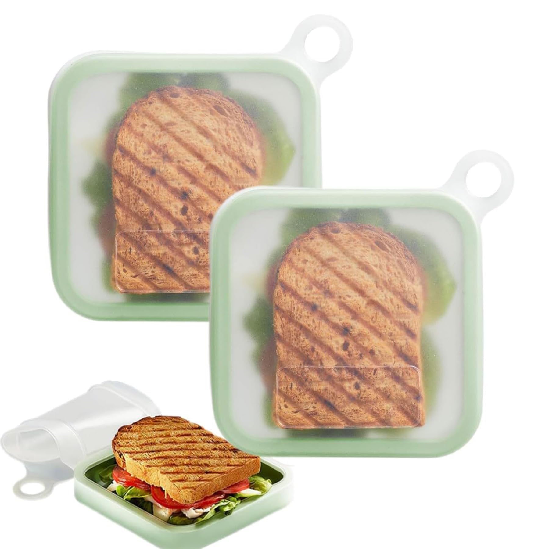 Silicone Sandwich Container, 2pcs Reusable Bento Lunch Boxes with Lids, BPA-Free Food Storage Containers, Microwave/Freezer/Dishwasher Safe Meal Prep Boxes (Green)