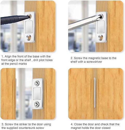 Miniatura 6 de Imanes para puerta de gabinete, paquete de 4 cierres magnéticos ultrafinos con tornillos de acero inoxidable, cierre magnético de cajón para cierre