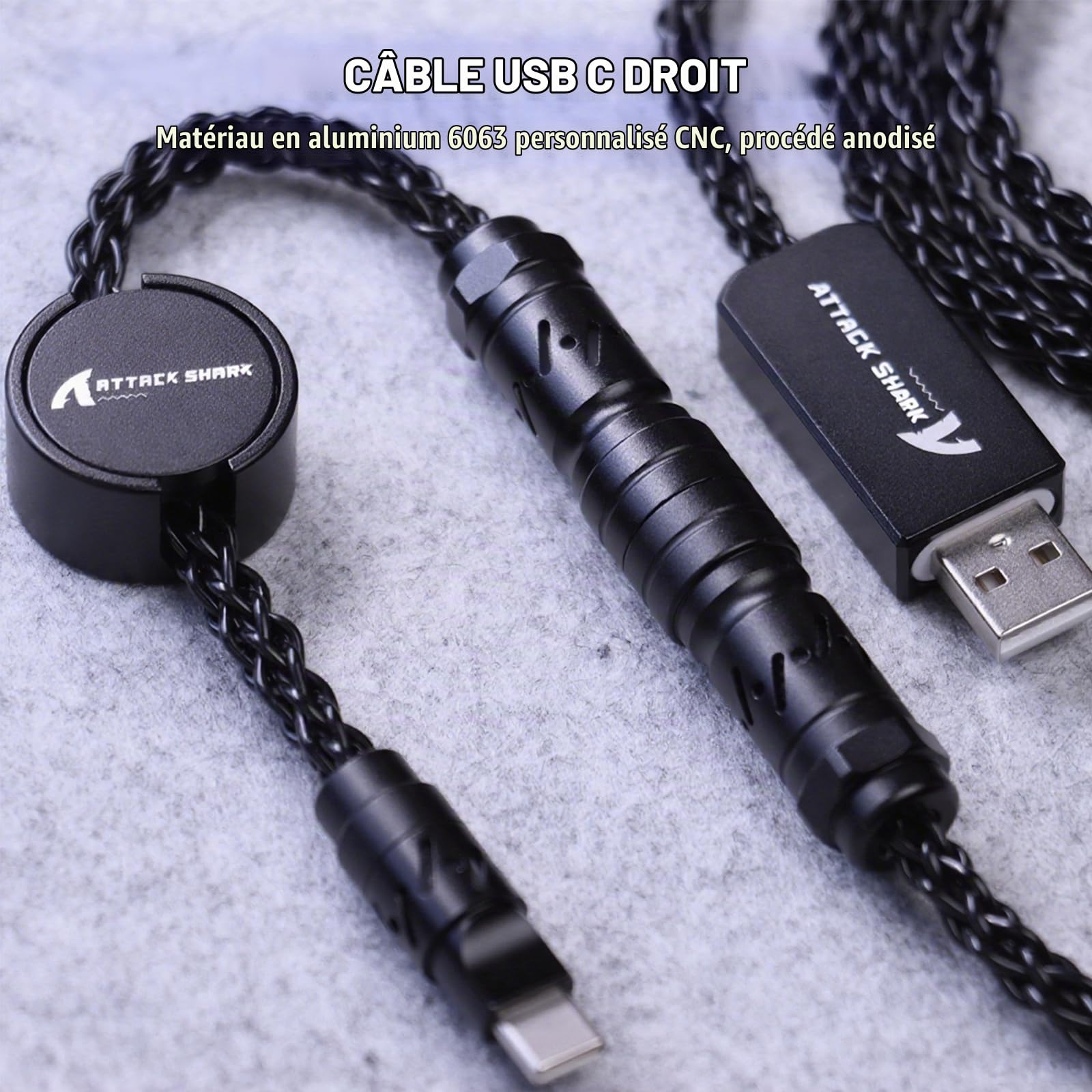 ATTACK SHARK C07 Câble USB-C Lumineux pour Clavier Gaming 8KHz-Noir