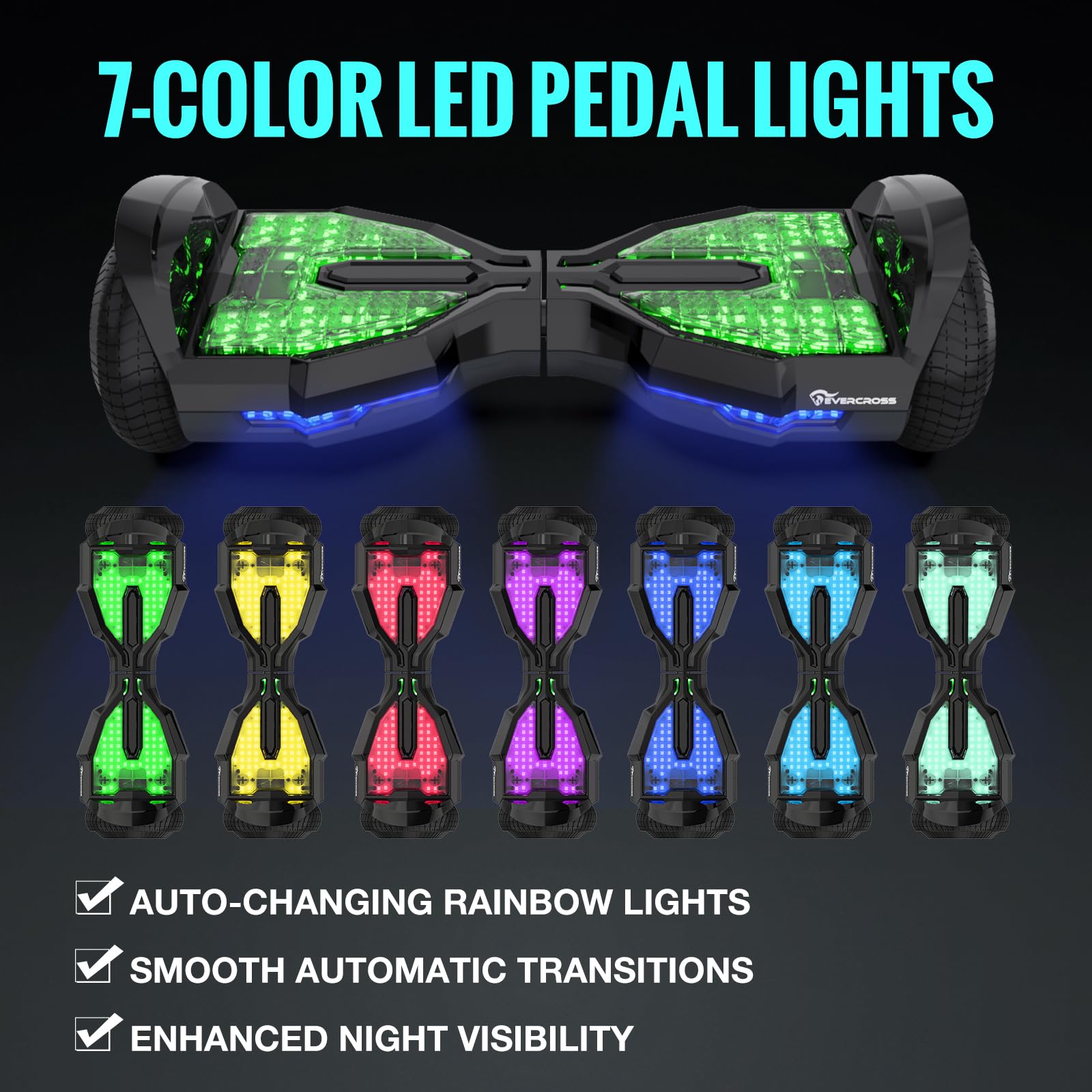 EVERCROSS EV2 Hoverboards con Asiento - 5.2 Ah Batería, 15 km/h, Música Bluetooth, Luces de Pedal de 7 Colores, Carga máxima 85 kg, Hover Board con Hoverkart para Niños, Adolescentes y Adultos Negro
