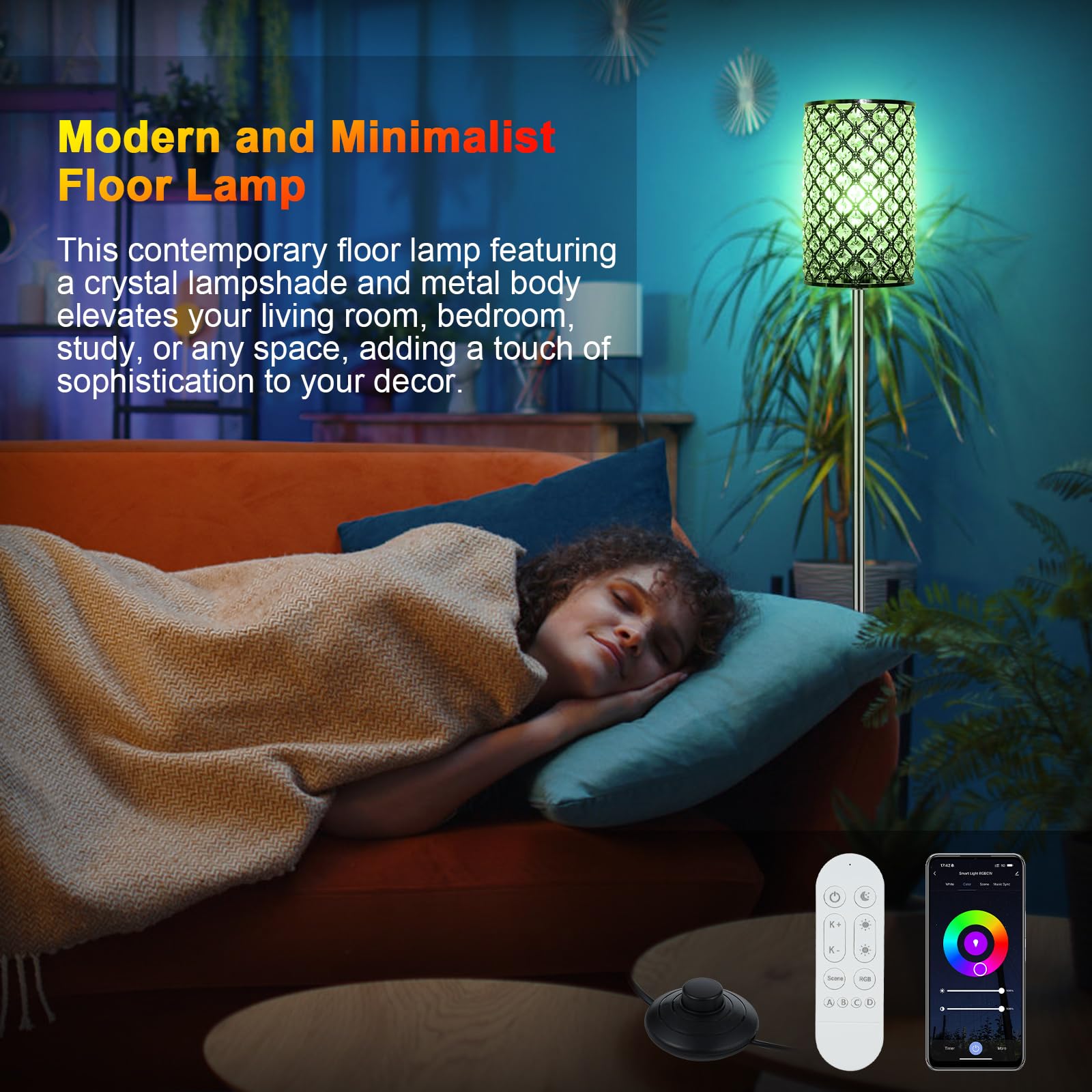 Lampada da terra a LED dimmerabile, moderna lampada da terra in cristallo, lampada da terra per soggiorno, camera da letto, studio, ufficio, divano