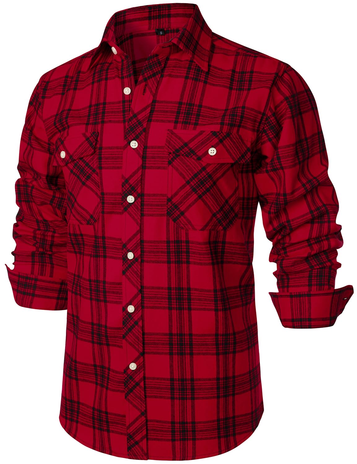 ZEROYAA Men's Casual Regular Fit Button Up Flannel Checked Plaid Shirts with Pockets Medium Black Red